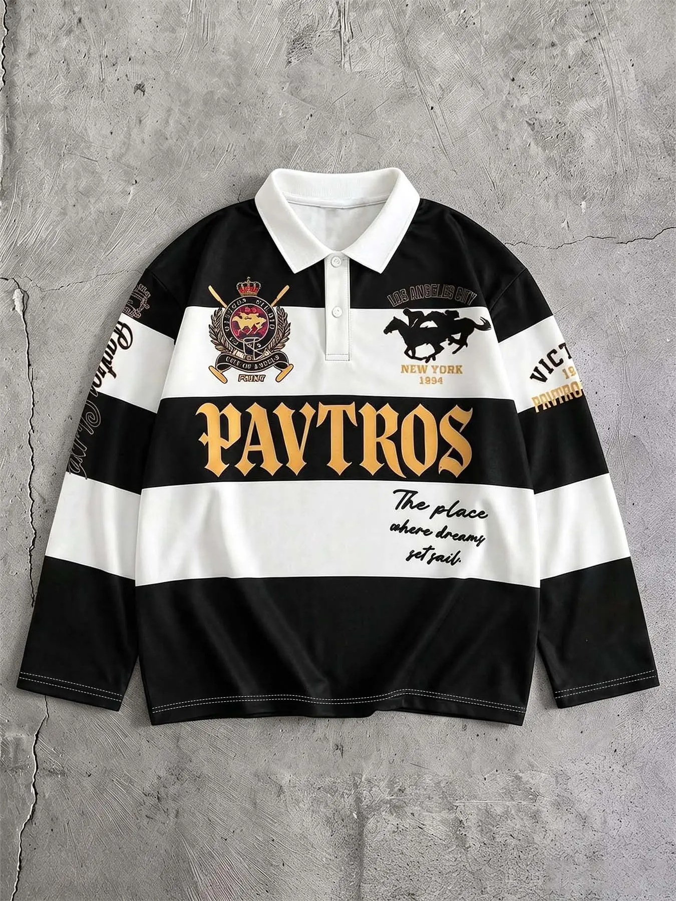 Retro black and white striped long-sleeve rugby polo shirt, with badge and knight pattern print, classic collar street top, college-style urban fashion, ideal choice for everyday casual wear #RugbyPolo #RetroStreet