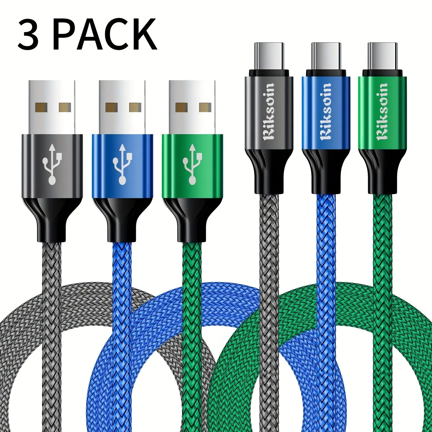 USB A to Type C Cable 3-Pack, Nylon Braided Cord，Charging Type C Charger Cord for iPhone 17 16 15 Pro Max Plus Air, Samsung Galaxy S25 S24 S23 A56 A17 A16, Gray/Blue/Green-3FT/6FT/9FT, Data Charging Cable