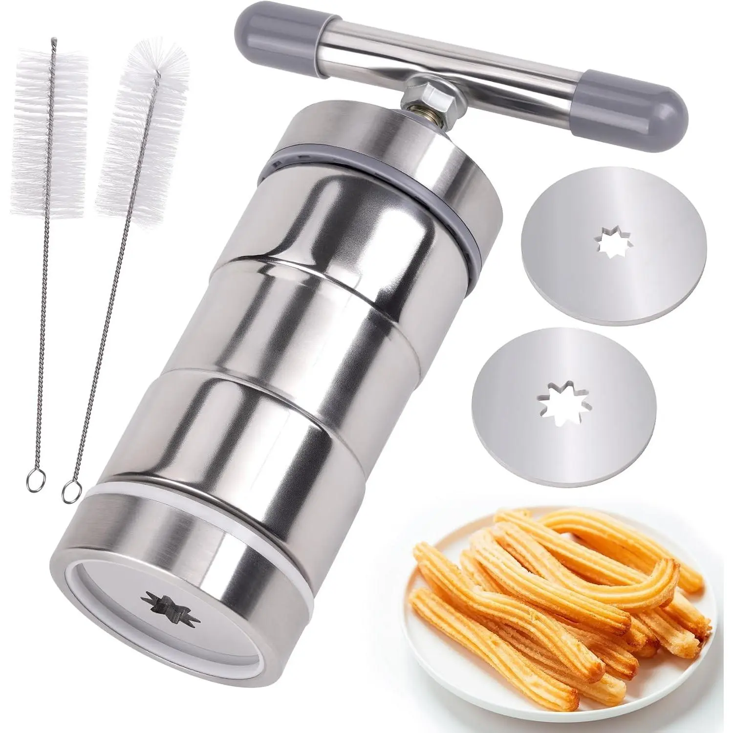 Stainless Steel Effort-saving Churro Maker Machine Kit Home DIY set with Brushes, Maquina para Churros, Easy To Use And Clean, Make Your Own Churros at Home(2-nozzles)