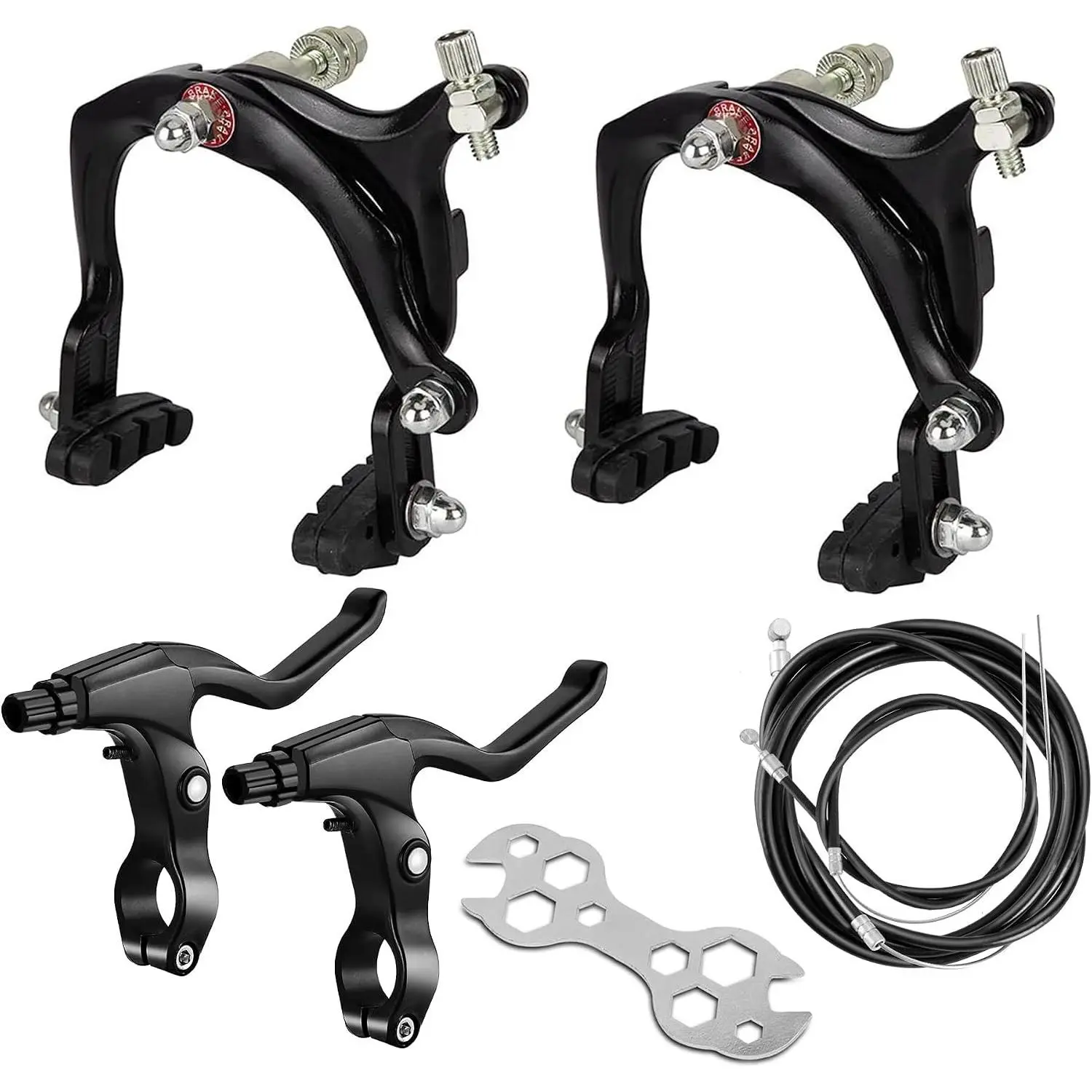 Front Rear C Bike Brakes Calipers Set 65-79mm Long-Reach Brake Levers Kit with Brake Pads Cables Fits Road MTB BMX Bicycle Black
