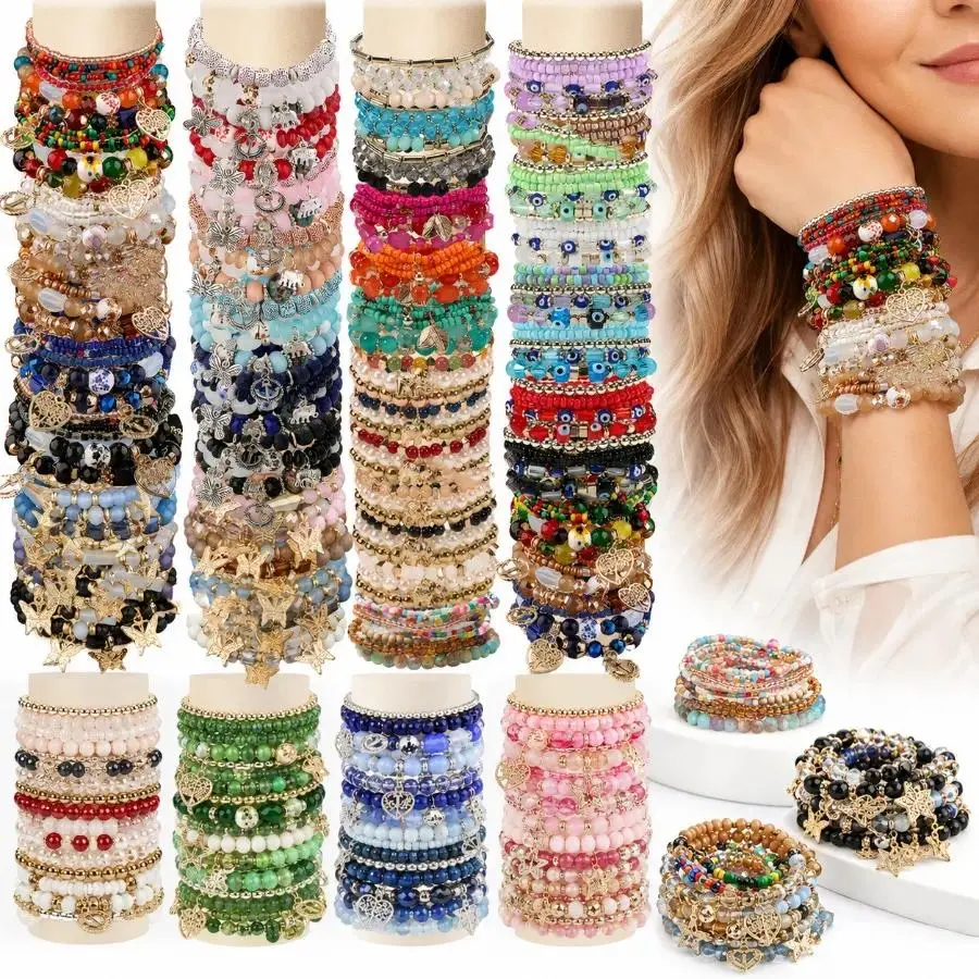 Women's Bohemian 12PCS (3 Sets) Multi-Layer Beaded Stackable Bracelet Set - Jewelry for Women, 16-22cm, Mixed Colors, Flower Motif, Natural Stones, Safe Materials, Daily Outfit Wristwear, Anniversary Gift