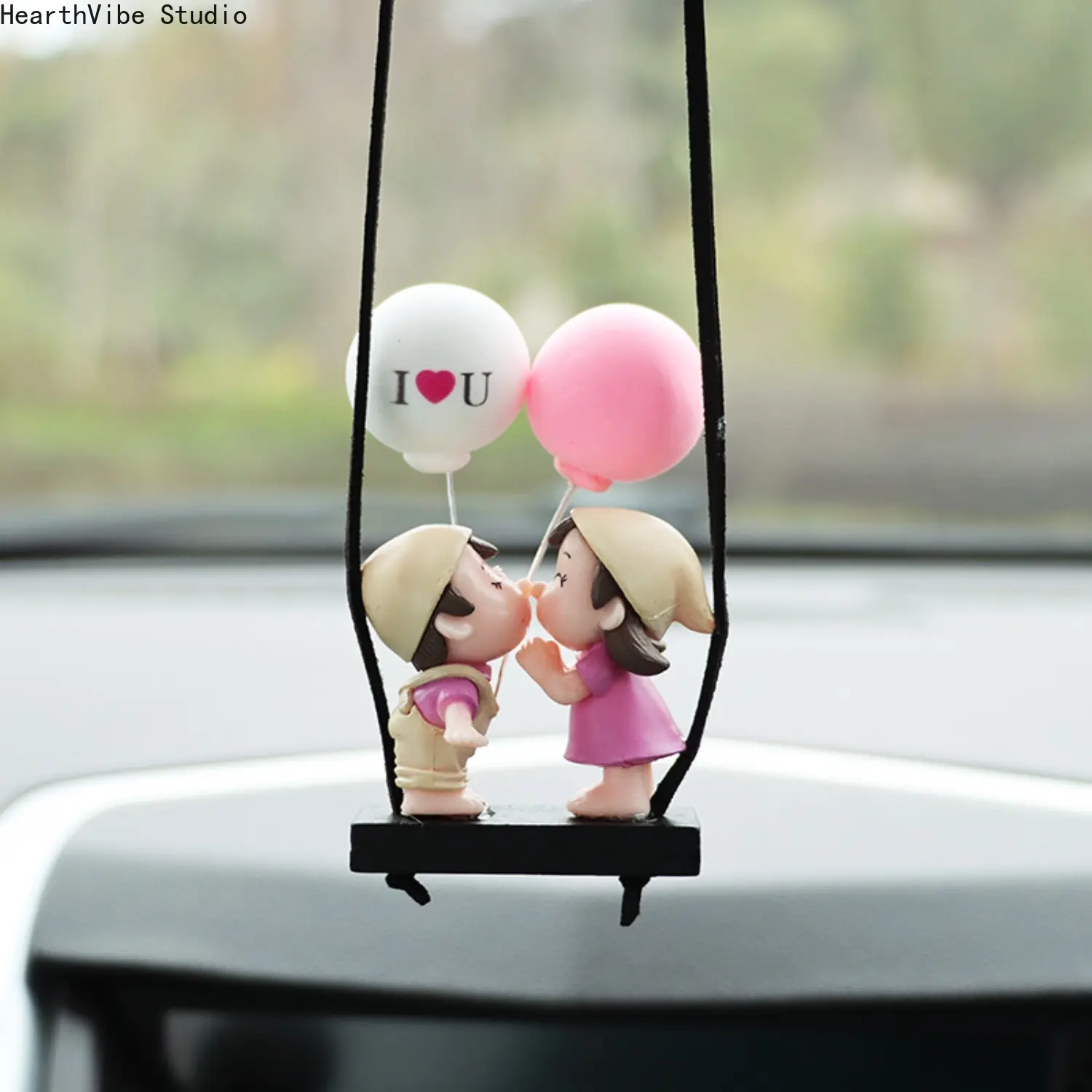 Car Hanging Ornament, Cute Kissing Couple Swing Figurine, Synthetic Resin Pendant with Balloon, Auto Interior Decor Accessory, Gift for Husband