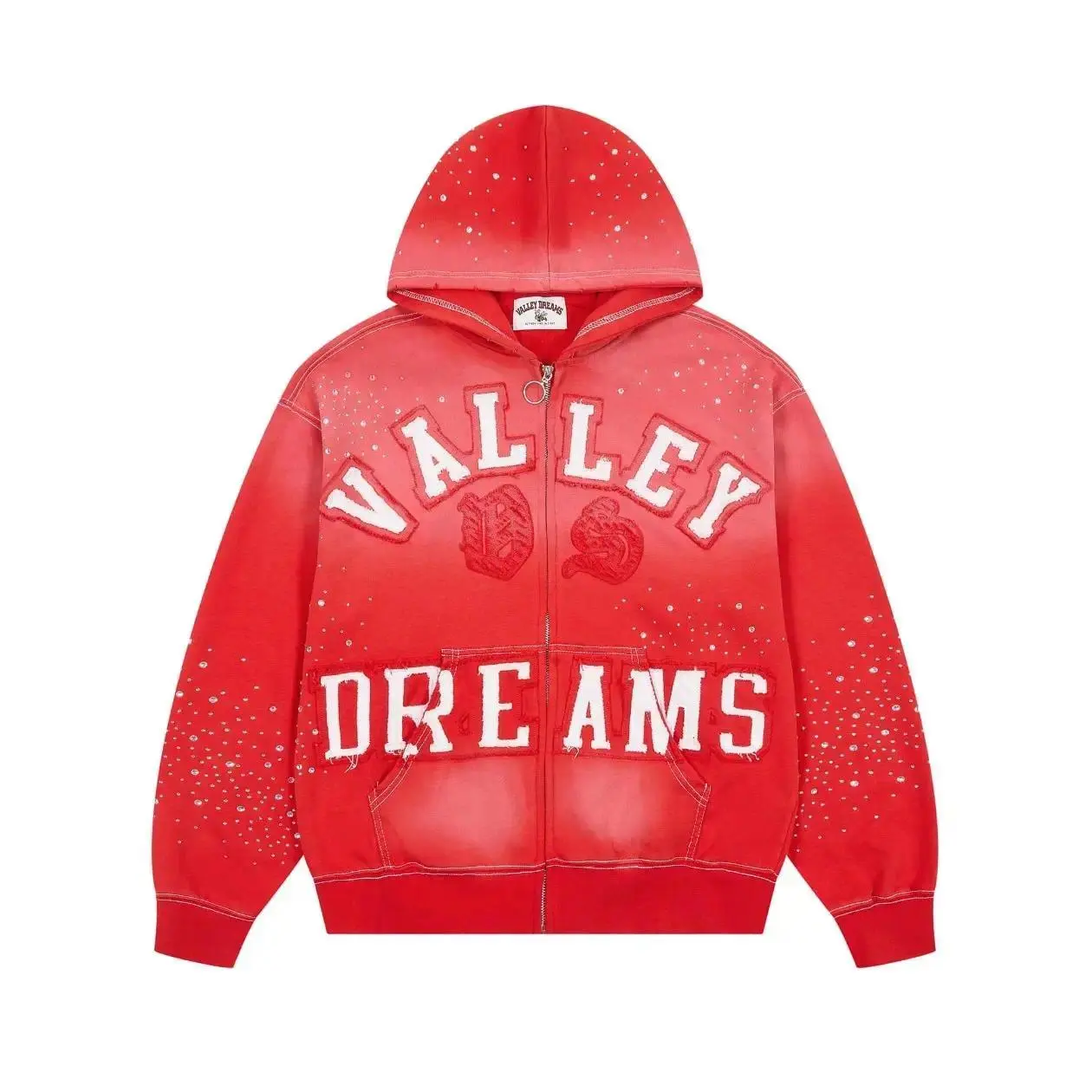 VALE Classico Black Zip Up Hoodie, Rhinestone Patch Embroidery Washed Cotton Jacket, Distressed Y2K Streetwear Sweatshirt, Unisex Oversized Outerwear