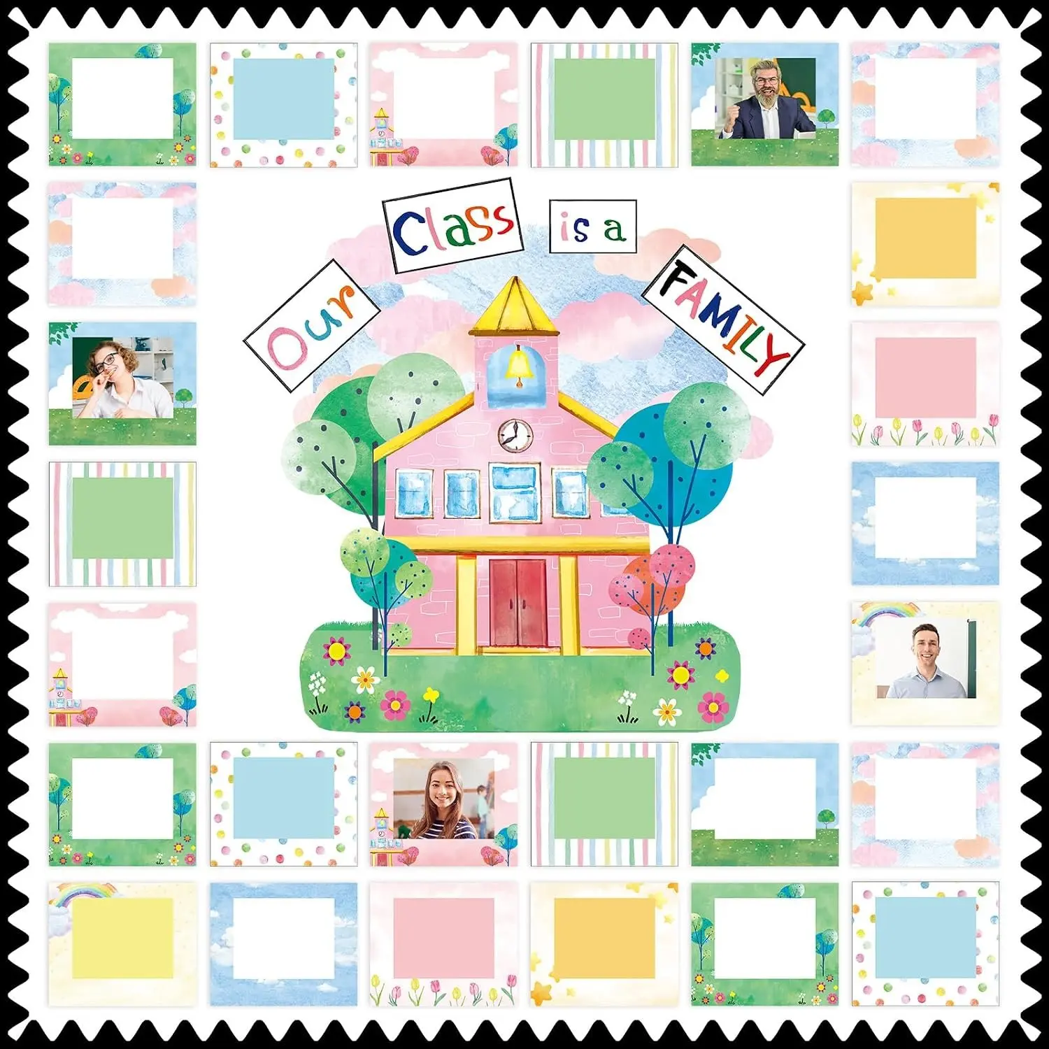 Our Class is a Family Bulletin Board Set with Picture Frames | for Classroomm School Party Decorations Grassy Area Flower House Tree Sky Cloud Cutout for Bulletin Board Chalkboard School