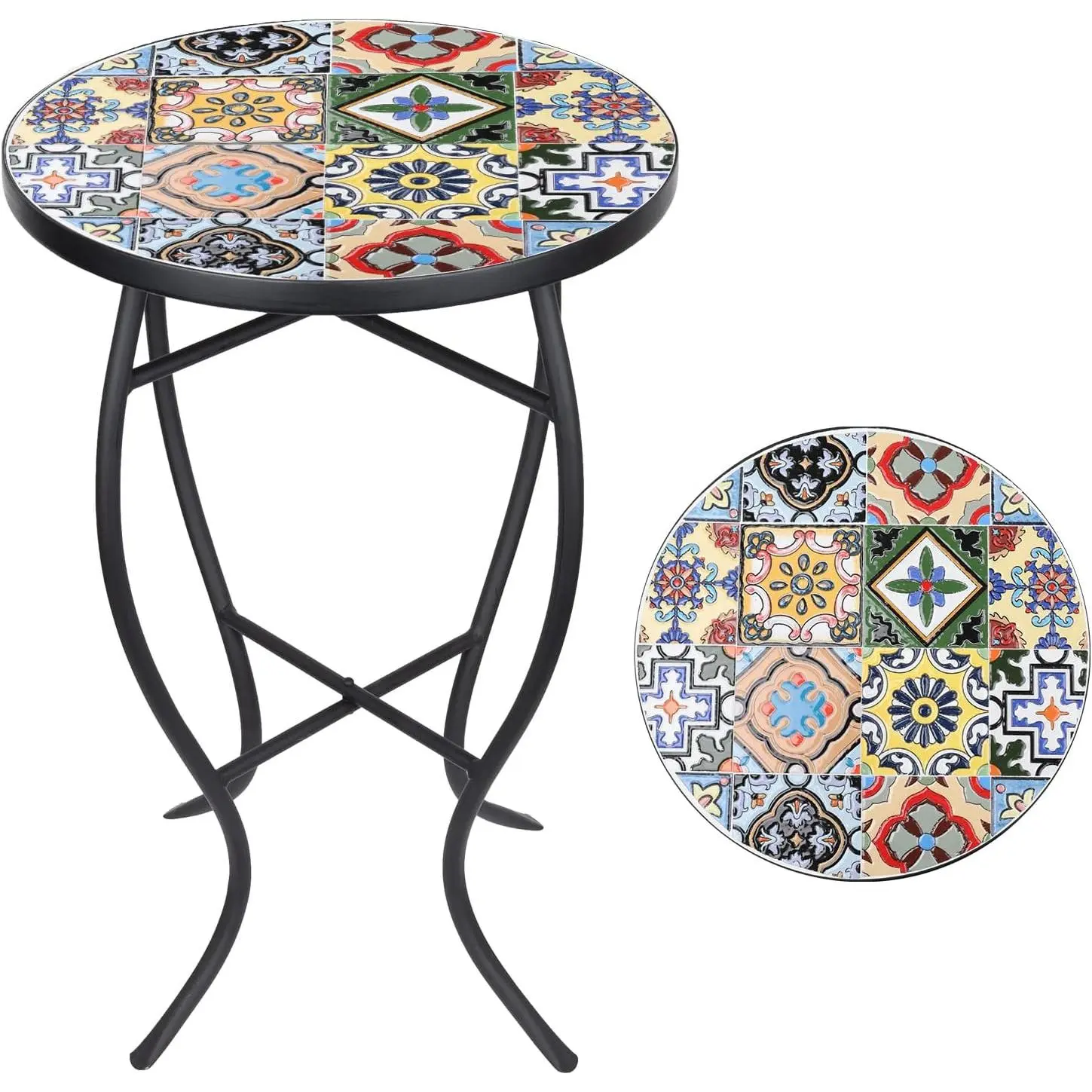 Mosaic Side Table, 21" Round End Table with 14" Ceramic Tile Top, Indoor Patio Accent Table for Yard, Garden, Living Room, Bistro Balcony or Lawn