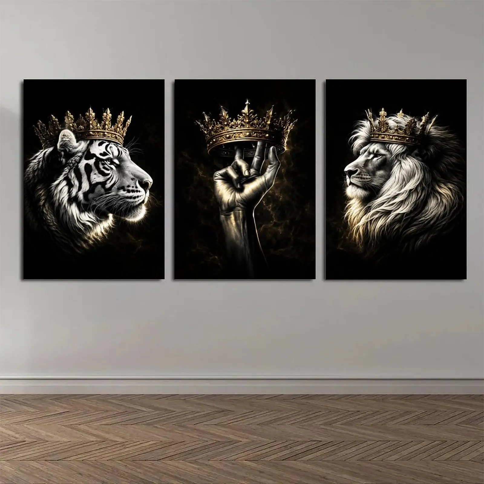 3-Piece Lion Tiger Crown Canvas Art Posters with Frames - Industrial, Lightweight, Artistic Monochrome Golden King Animal Wall Decor for Living Room, Lounge, Print, Decoration