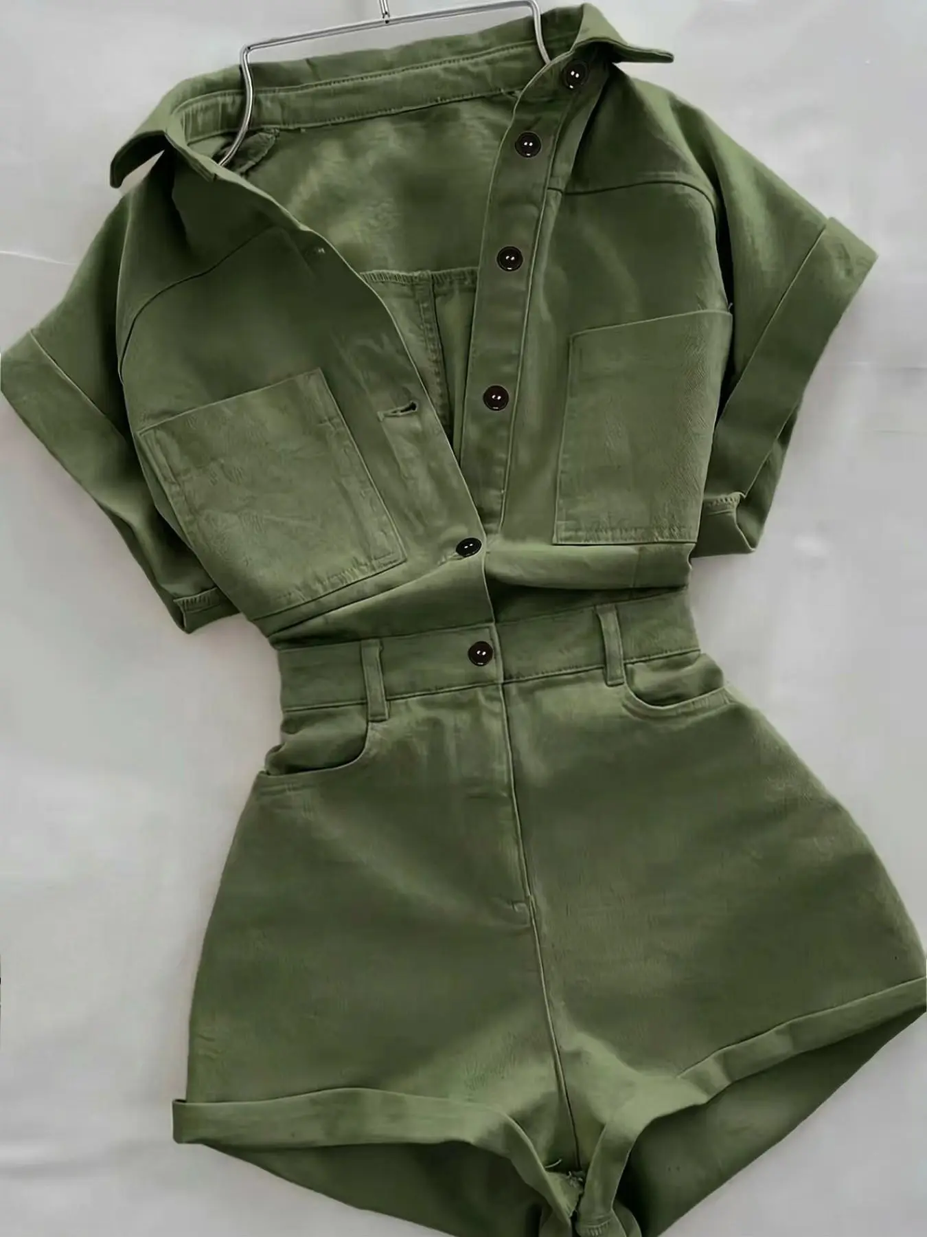 New Casual Workwear Romper for Women, Multi-Pocket Short Sleeve Button Romper, Comfortable and Stylish Daily Wear