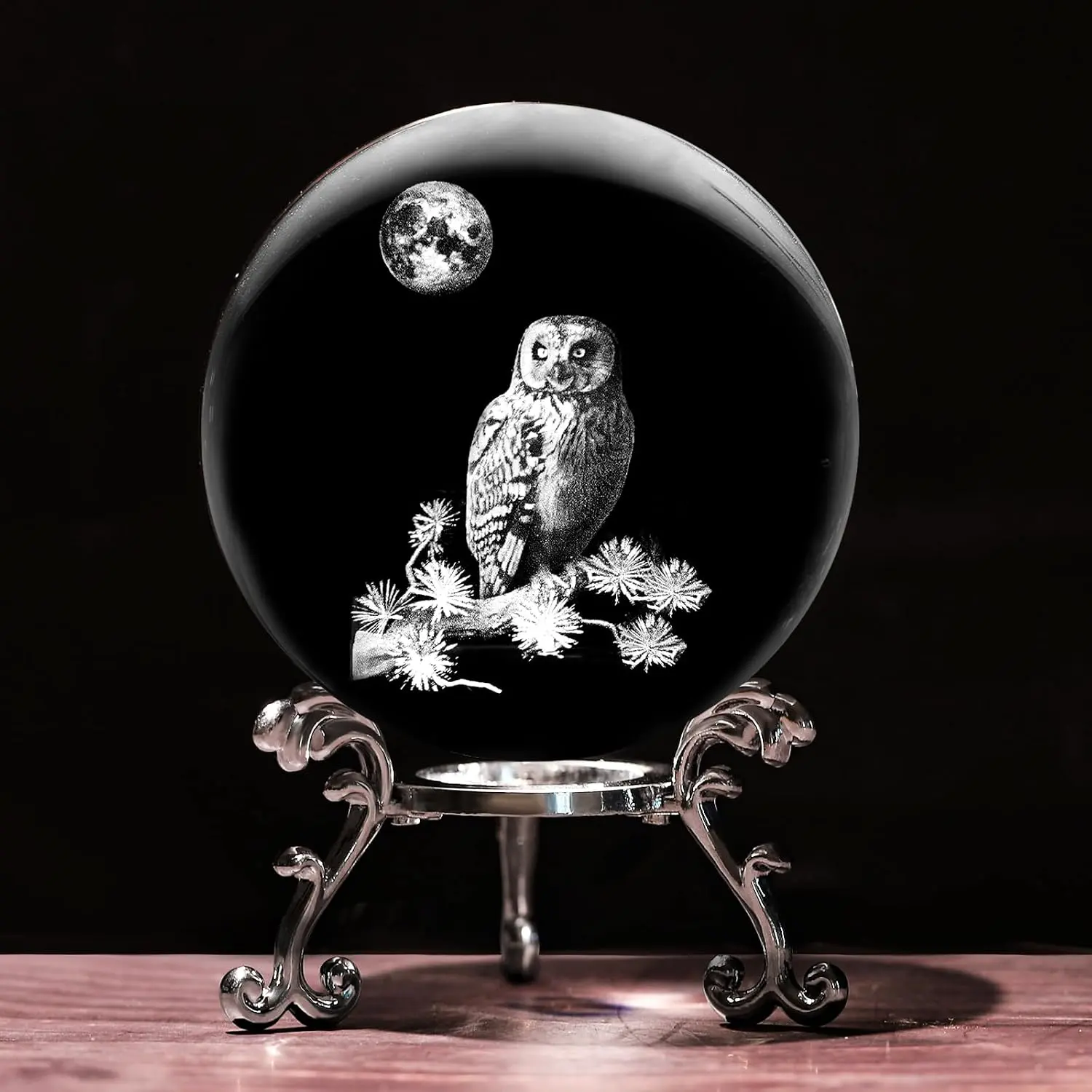 Owl  Ball with Stand Lase Engraved Glass Sphere Paperweight Owl Decor
