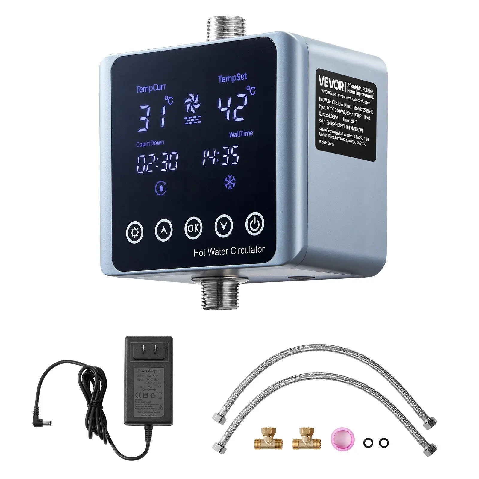 【Summerfinds】VEVOR Digital Smart Instant Hot Water Recirculating Pump Kit, Brass Pump with Digital Control, Built-in Thermostat, Timer, Screen, Under Sink Circulator System for House Water Heaters, Max 4GPM, Thermostatic Control, Timer Function