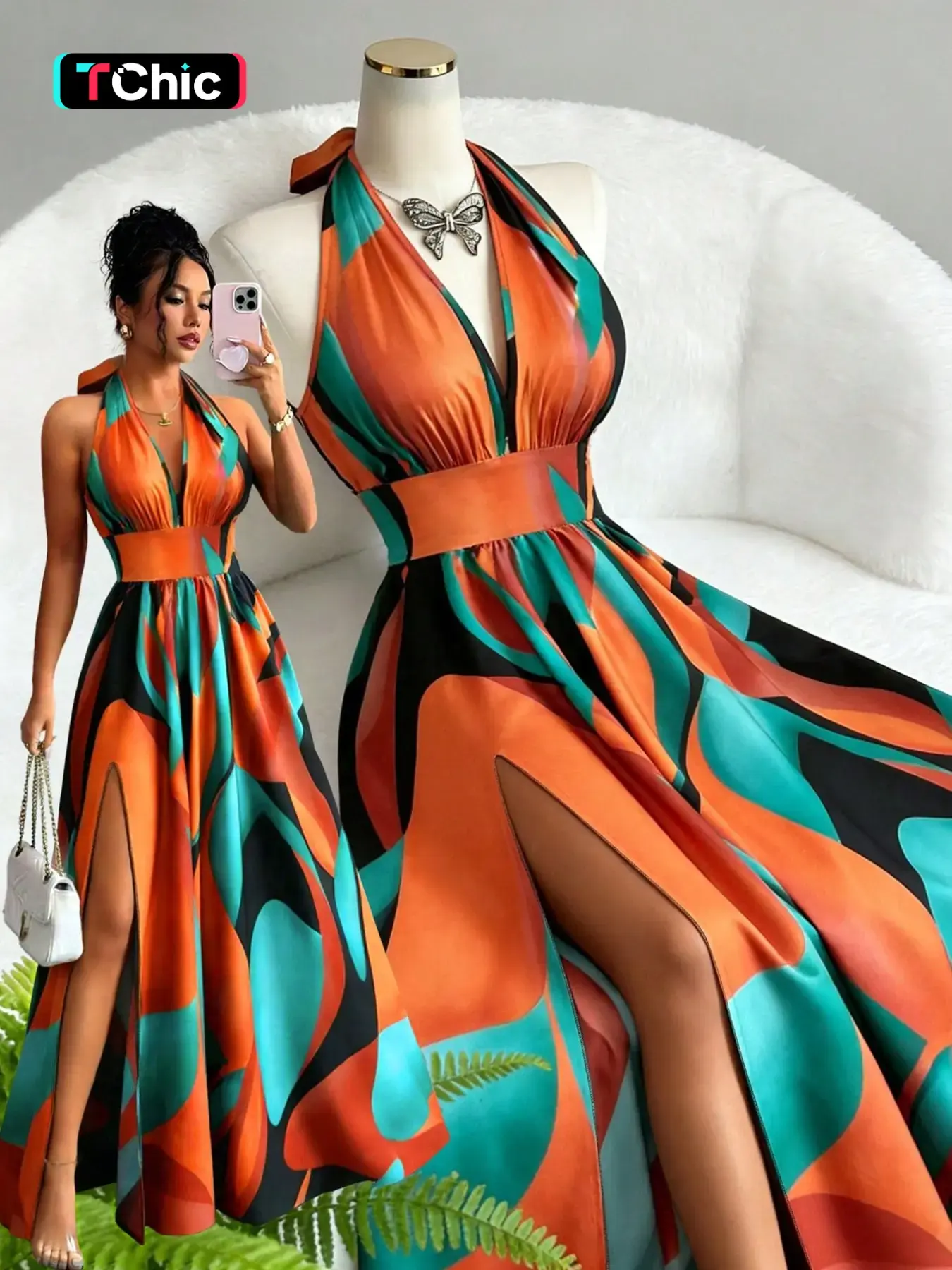 New French Style Elegant Casual Sexy Fashion High-End Design Summer Print V Neck Halter Waist Cinch Backless A-Line Split Sleeveless Long Dress