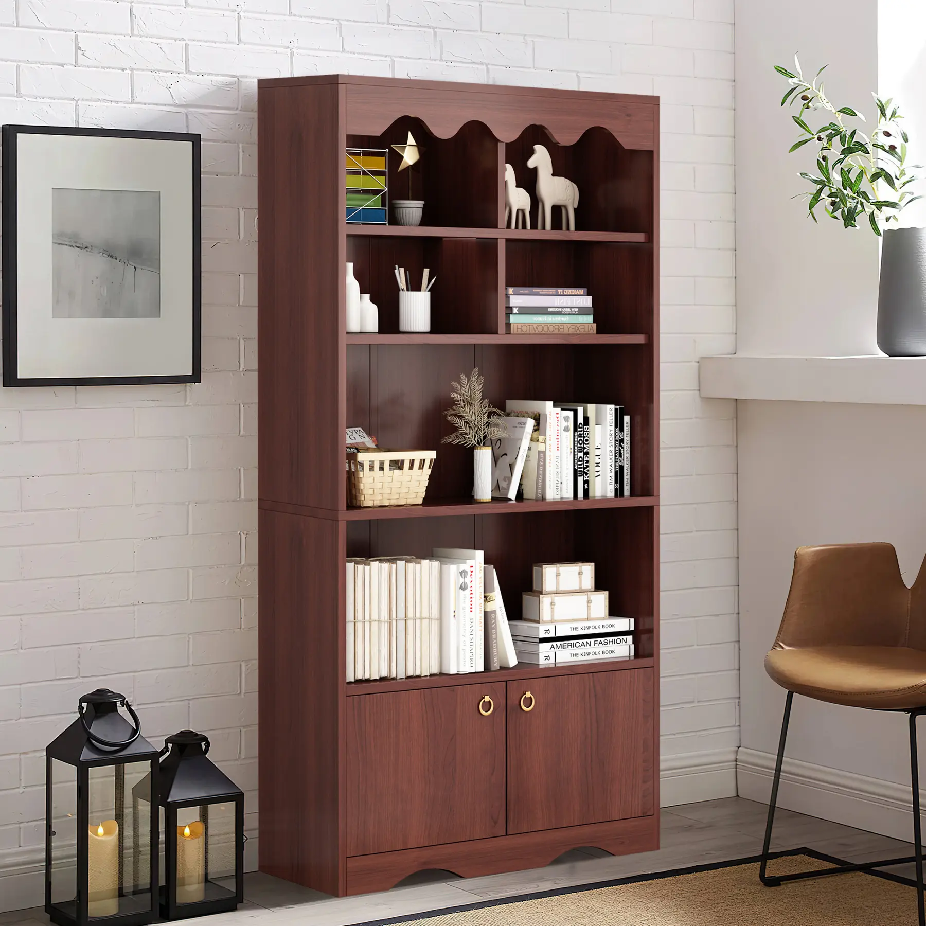 Walnut Melamine Board 5-Tier Semi-Open Bookshelf with Storage Cabinet Door, Freestanding Multi-Functional Book Display Organizer for Living Room Bedroom Home Office, 37.99*16.54*10.43 inch, 77.38 Lbs