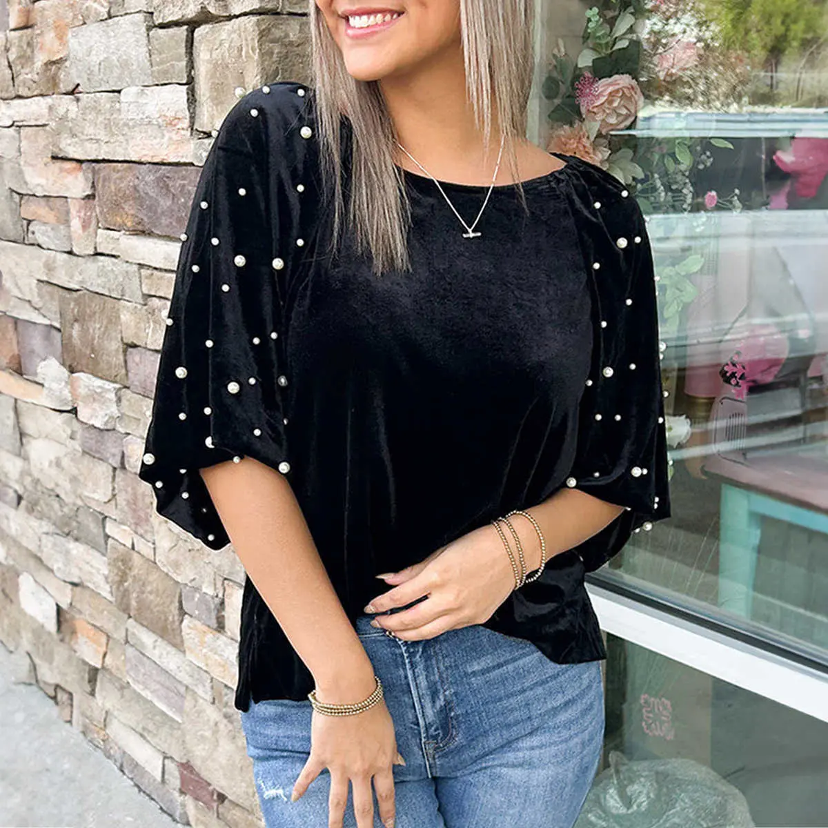 Elegant Velvet Blouse for Women, Black Pearl Beaded Round Neck Top with Half Puff Sleeves for Special Occasions, Polyester, Soft