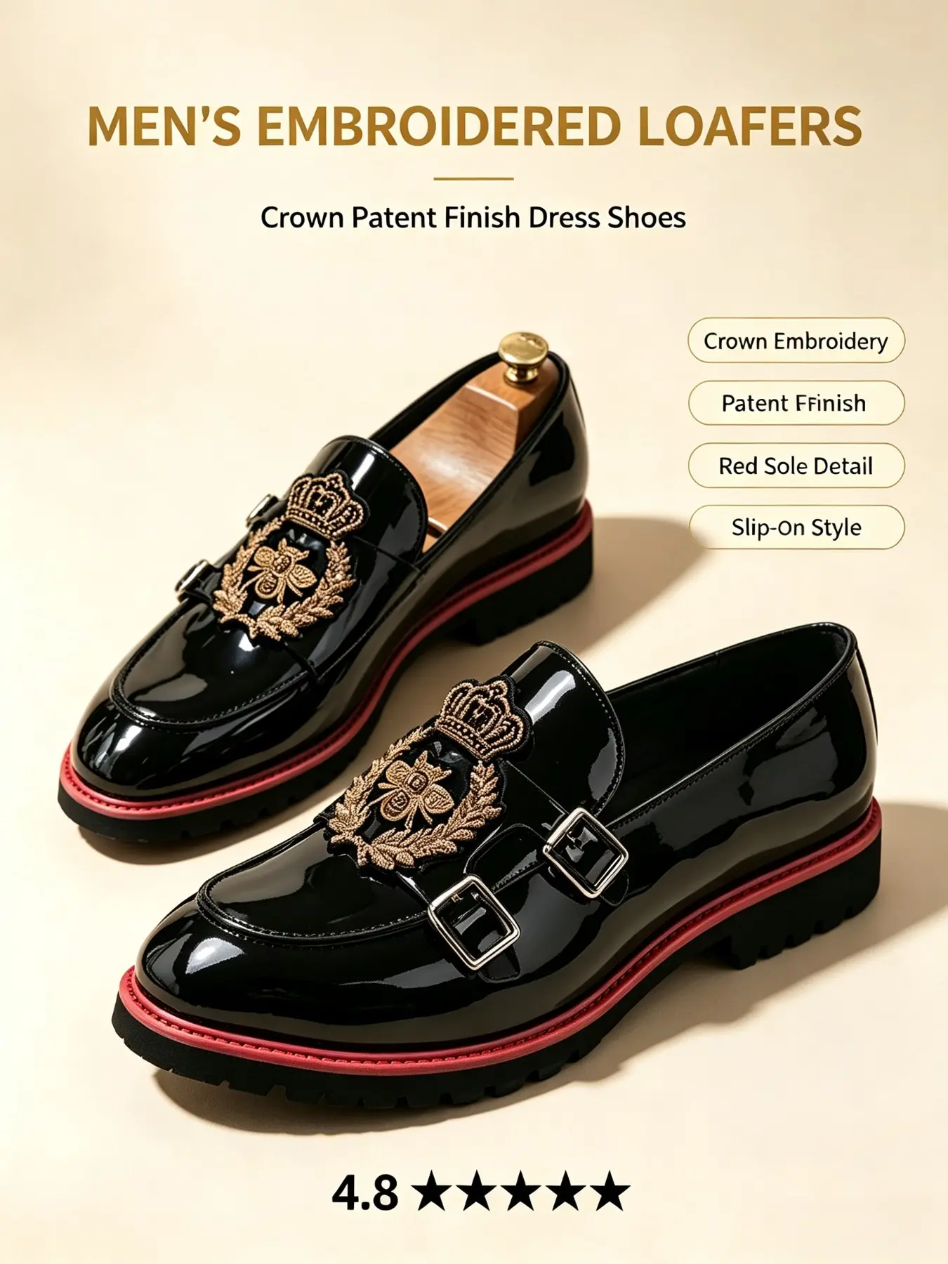 Men's Luxury Embroidered Double Buckle Loafers, Metal Chain Decor, Trendy Colorblock Sole, Casual Formal Shoes, Retro Badge, Thick Sole, PU Leather Footwear, Business Shoes