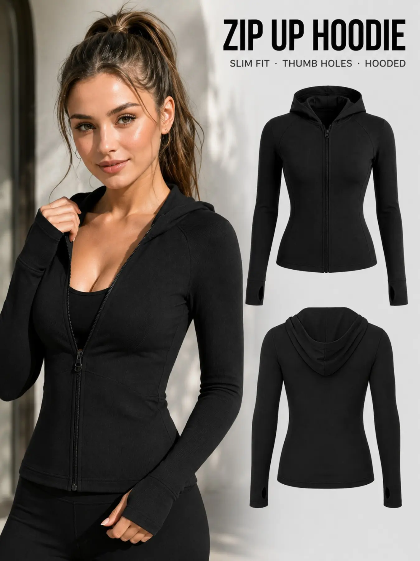 Women's Solid Slim-Fit Hooded Athletic Jacket, High-Stretch Sculpting Zip-Up Workout Top with Thumbholes for Yoga, Running and Fitness, Workout Jackets, Zip Up Sportswear