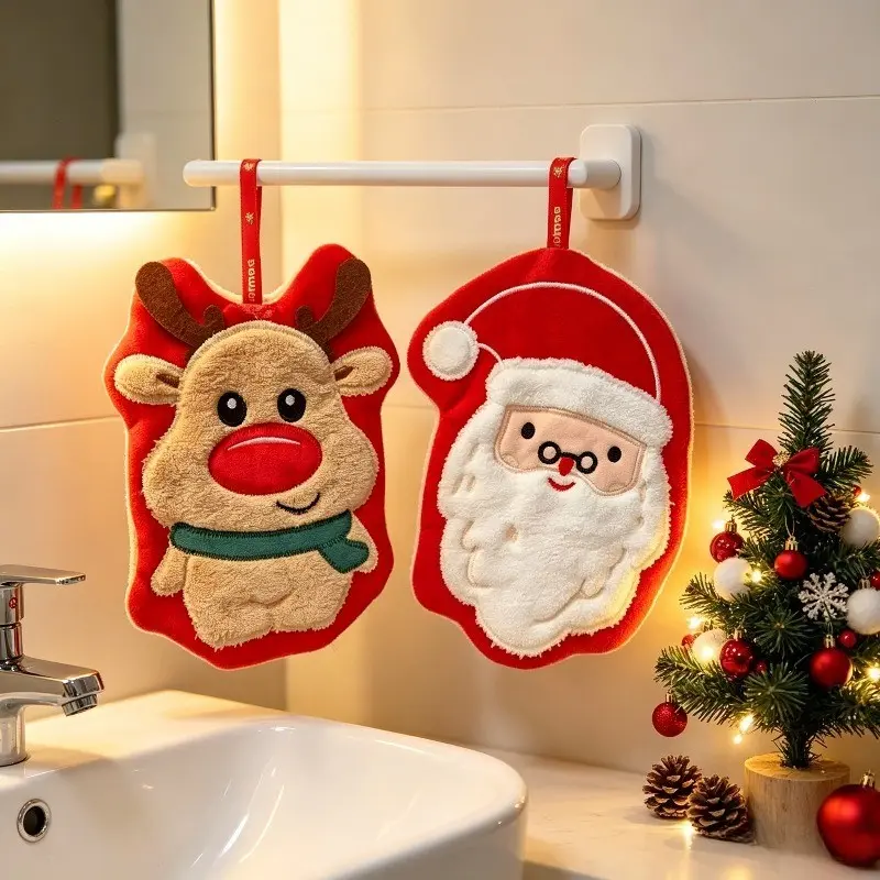 2-Pack Christmas Hanging Hand Towels, Santa & Reindeer Design, Ultra-Fiber, Quick-Dry, Absorbent, Bathroom & Kitchen Decor