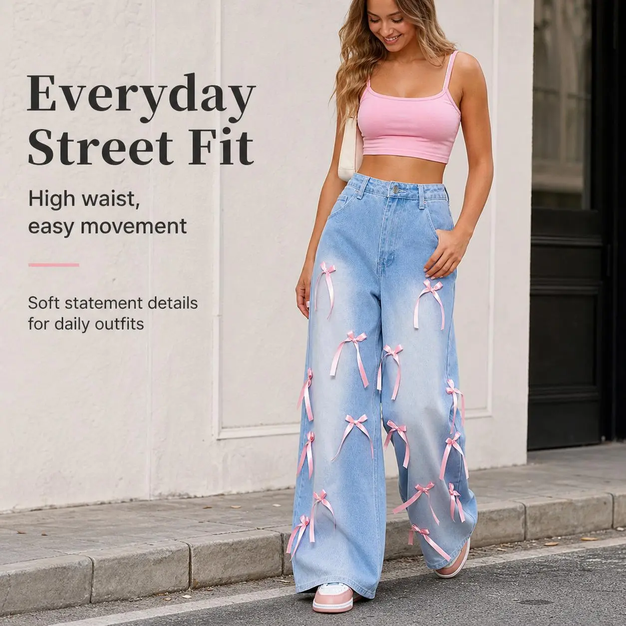 Y2K Coquette Sweet Streetwear Pink Ribbon Bow Embellished Jeans, High Rise Light Wash Loose Floor Length Baggy Denim Bottoms