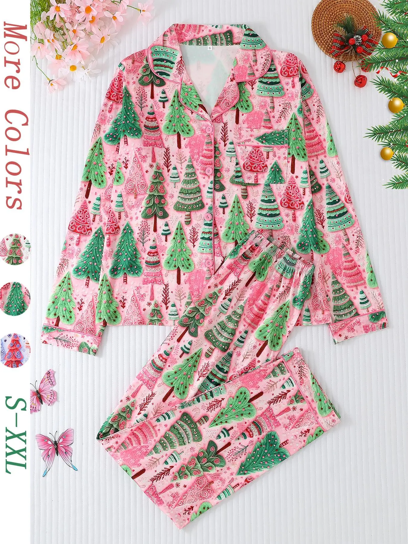 Women's Christmas Tree Print Pajama Set, Button Front Long Sleeve Top & Comfortable Pants, Casual Fitted Sleepwear for All Seasons