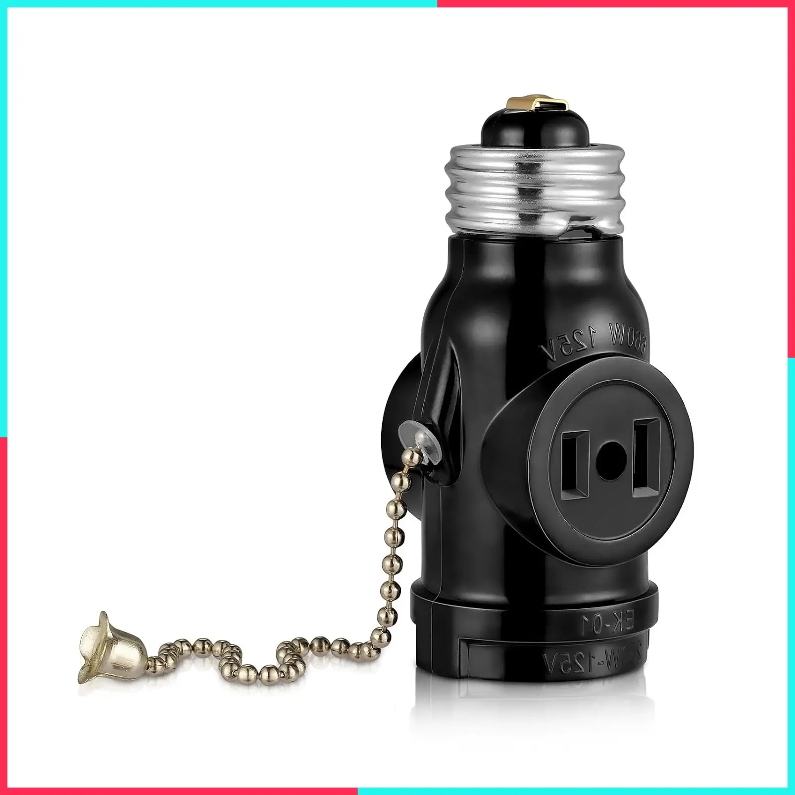 2-Outlet Light Socket Adapter, E26 Bulb Socket to Outlet Splitter, Converts Medium Screw Socket into Dual Polarized Outlets with Pull Chain Switch, UL Listed, Black (1-Pack)