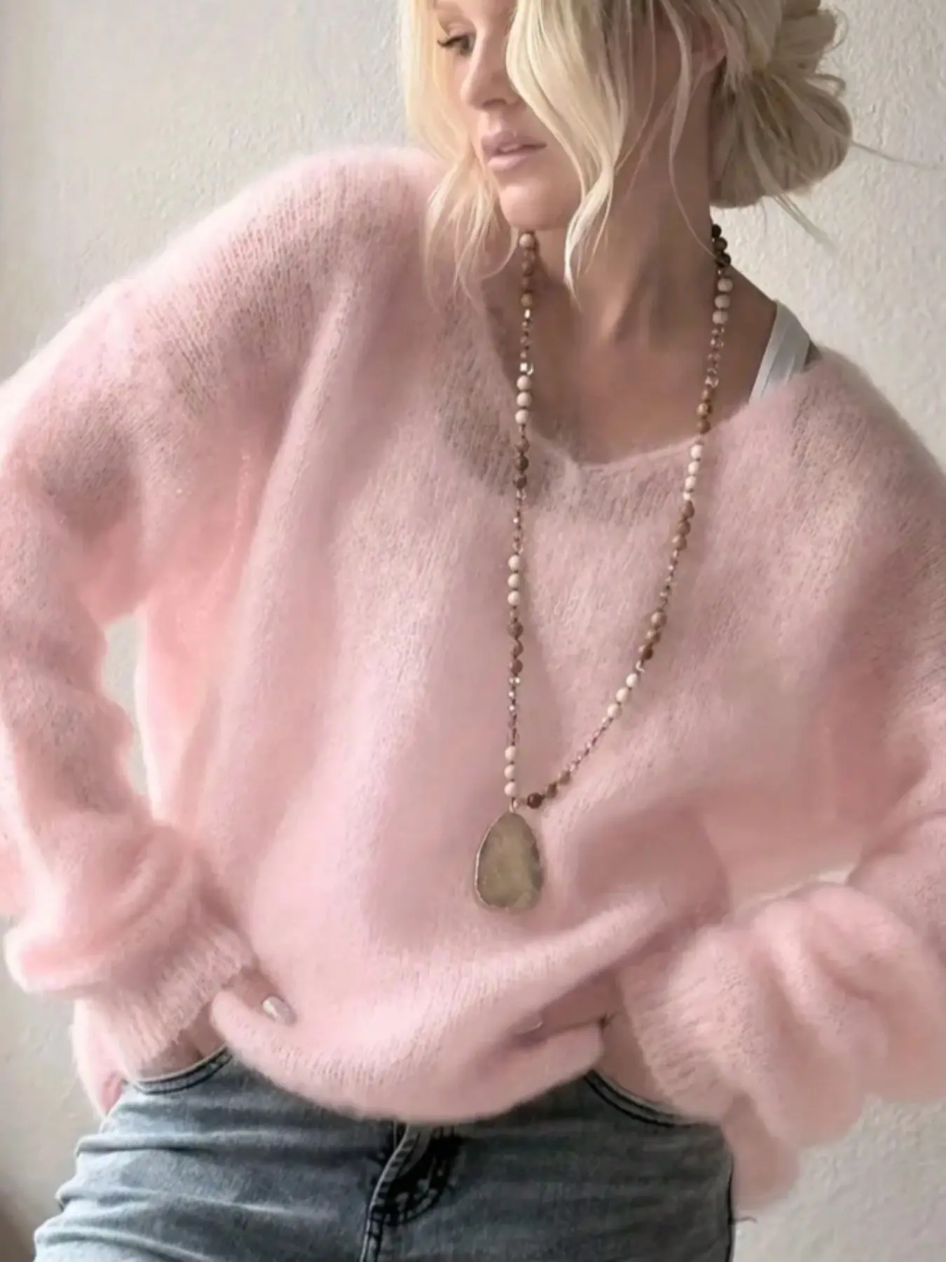 French Vintage Pure Desire Soft Fluffy Mohair V-Neck Knit Sweater, Lazy Shoulder Loose Long Sleeve Pullover
