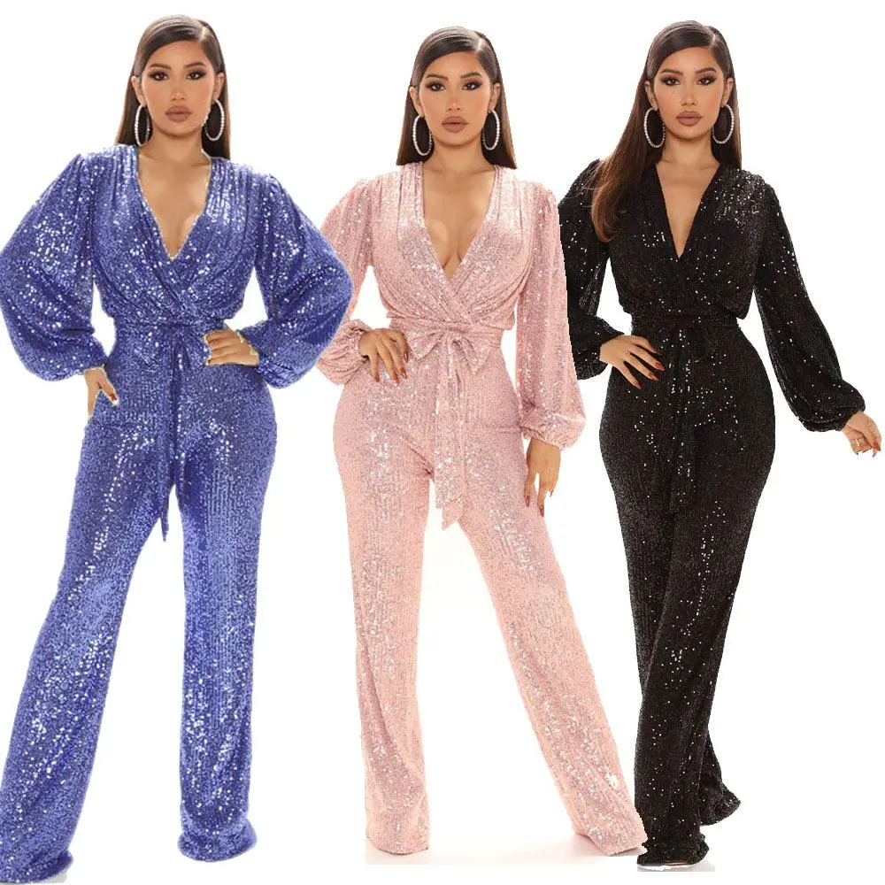 Women's Elegant Sequin Jumpsuit, Long Sleeve Deep V-Neck Wide Leg Pantsuit for Formal Evening Parties, Overalls, Minimalist, Basic, Longsleeves