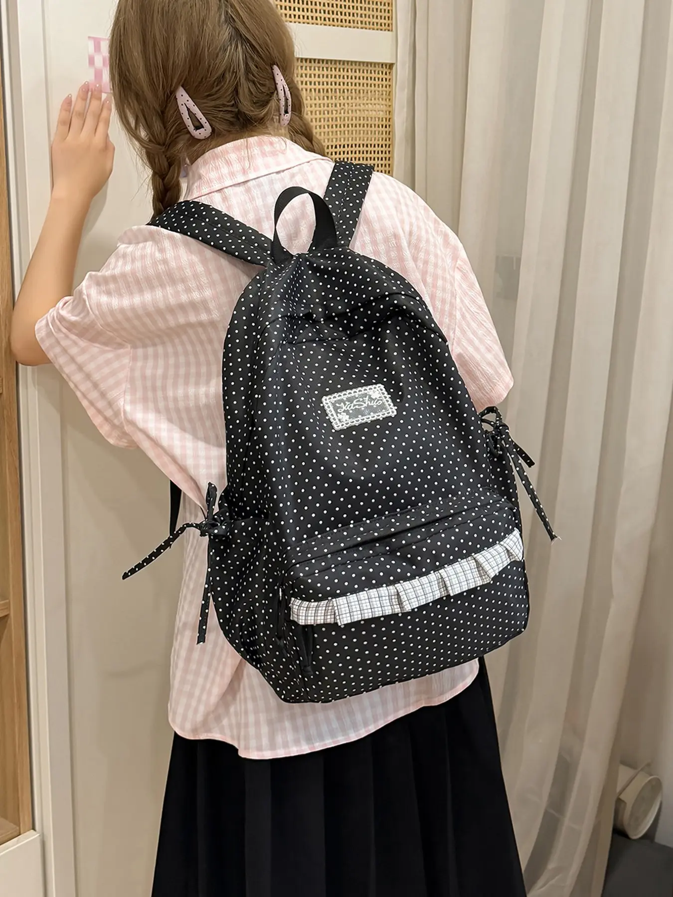 Back-to-school season soft and fresh polka dot backpack, patchwork lace trim large-capacity bag, multiple compartments with widened, pressure-relief shoulder straps, casual, lightweight, versatile daily backpack for commuting, school, and travel.