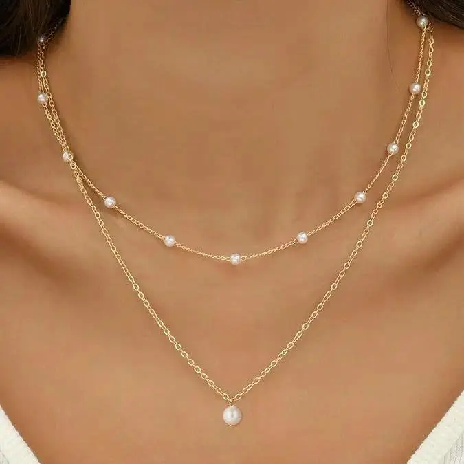 Women's 18-Karat Gold-Plated 2-Layer French Chic Necklace, Hypoallergenic Tarnish-Free Jewelry with Faux Pearl Accents, Everyday Wear Sports & Outdoor Accessory