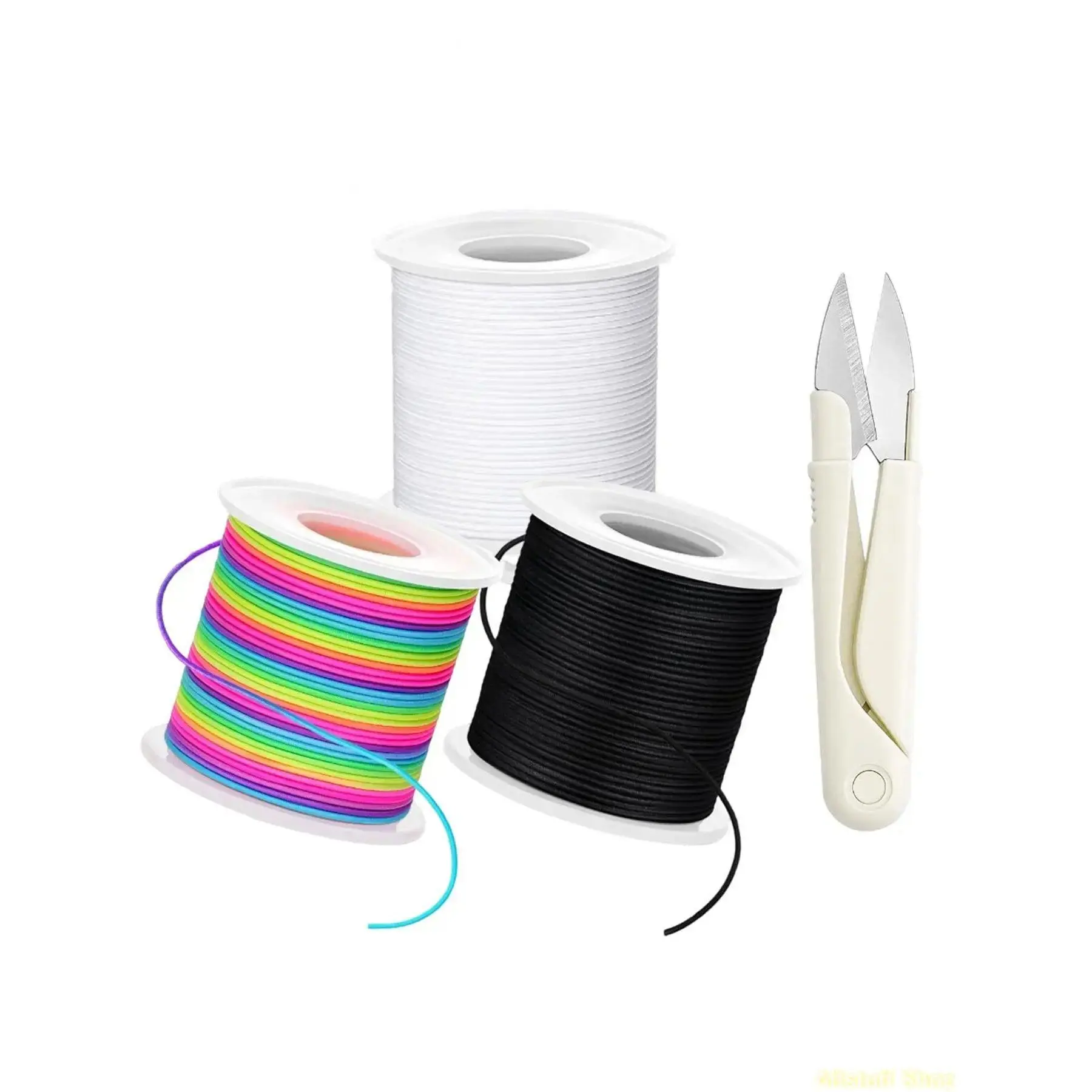 Elastic String for DIY Crafts, 3 Rolls of 1mm Polyester Beading Cord for Bracelets - High Stretch & Durability, 495ft Total, Includes Scissors (Black, White, Rainbow)