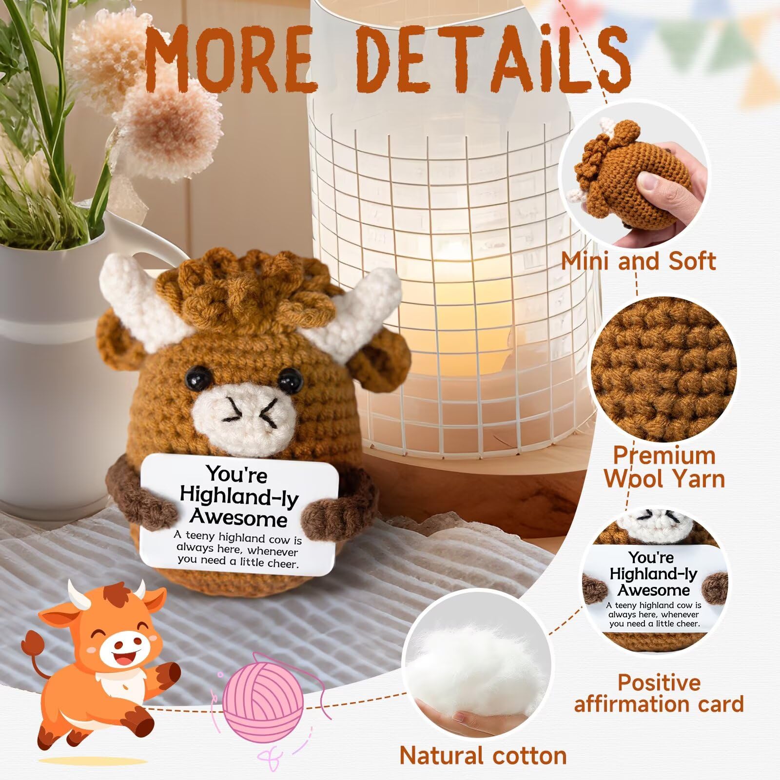 Super Cute Handmade Highland Cow Knit Doll,Soft Fluffy Crochet Plush Toy,Squishy Anxiety Relief Decor,Cute Bag Pendant Keychain Ornament,Ideal Gift for Birthday Christmas Mother’s Day,Desk Bedside Car Interior Decor,One of A Kind Handcrafted Stuffed Anima