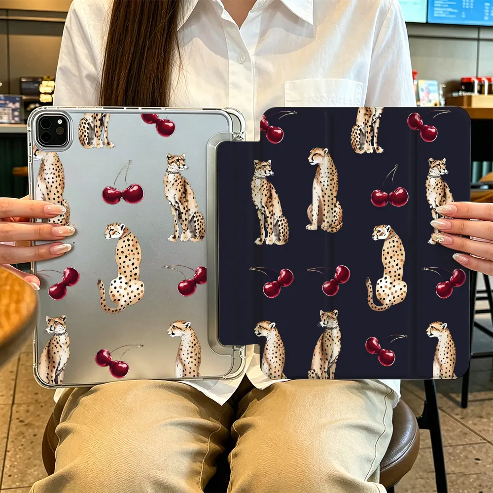 Cheetah and Cherry iPad Case， iPad Case for iPad Pro 13 M4 2024 iPad Air6 M2 2024 iPad Pro 12.9 2022 iPad Pro 11 2022 iPad Air5 2022 iPad Mini6 2021， Elegant Animal Fruit Pattern Birthday Gift