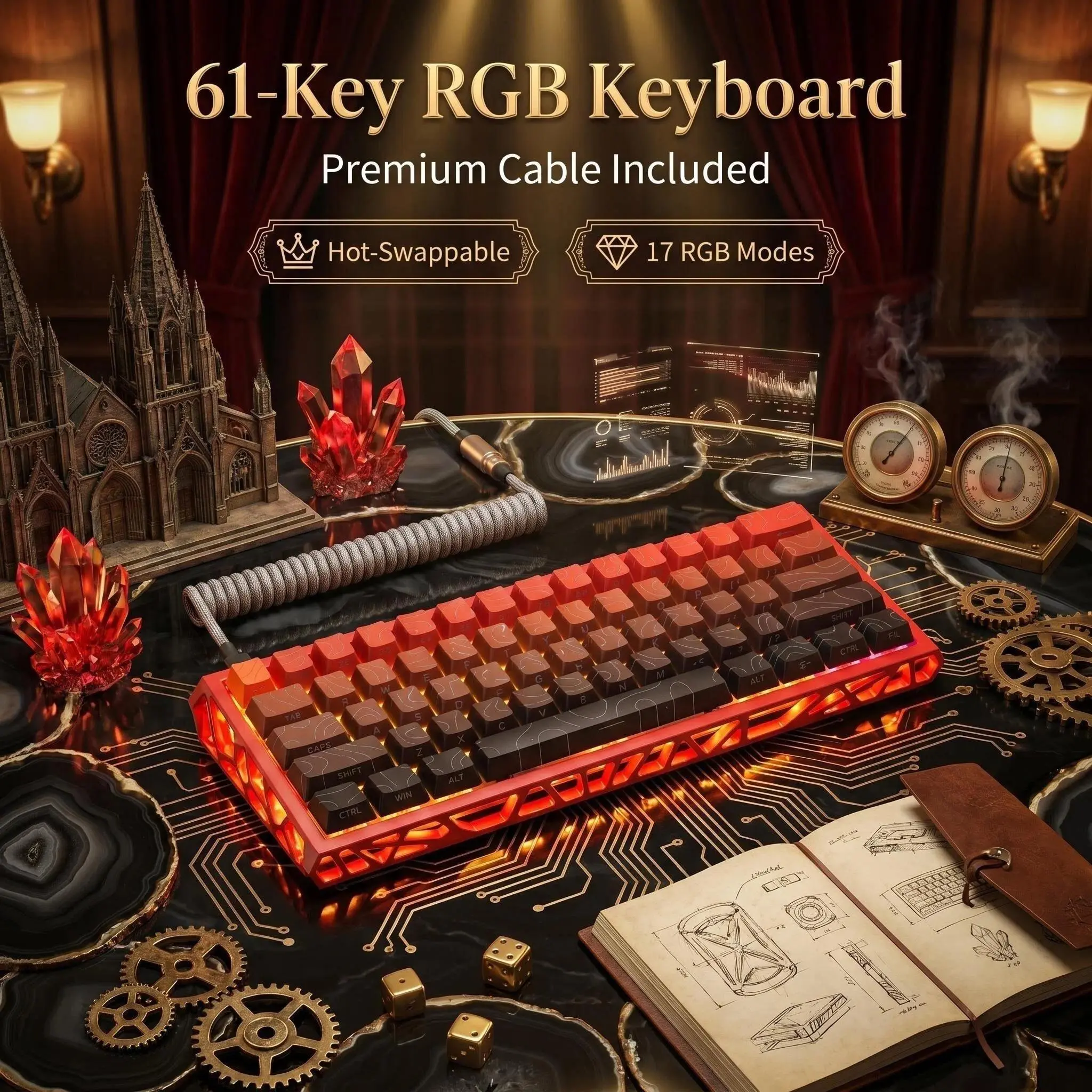 Red Translucent 61 keys Mechanical Keyboard - Gasket Mount, Hot-Swappable, RGB Wired Gaming Keyboard with Red Switch, N-Key Rollover for PC/Mac Gaming & Office Use, 60 Percent Keyboard