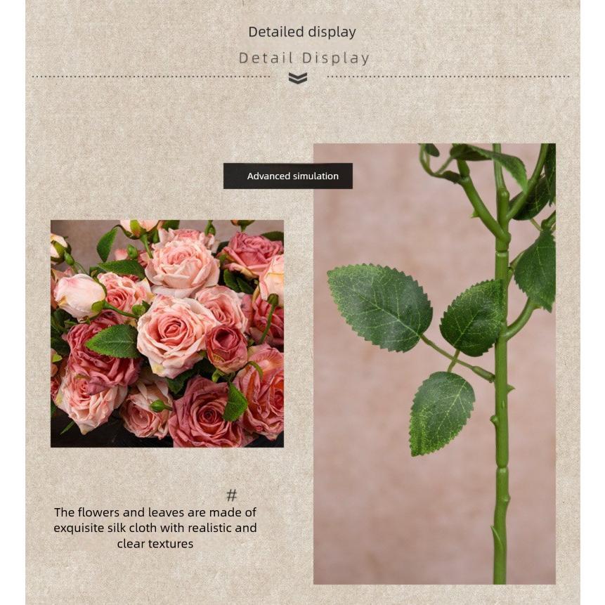 French Style Artificial Single Branch 3-Head Burnt Edge Rose Vintage Home Living Room Decoration Fake Dried Flower Bouquet High-End Feel