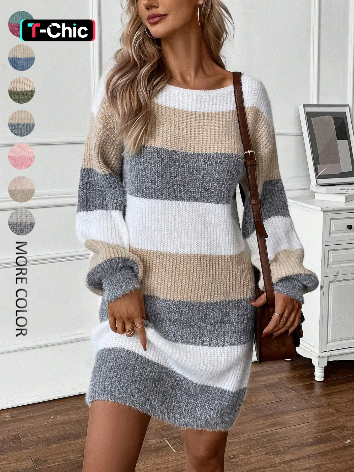 Women's Colorblock Striped Casual Chic Fitted Sweater Dress, Womenswear, Long Sleeve, Elegant Fashion Style, Perfect for Fall & Winter, Daily Wear, Casual Wear, Parties, Dates