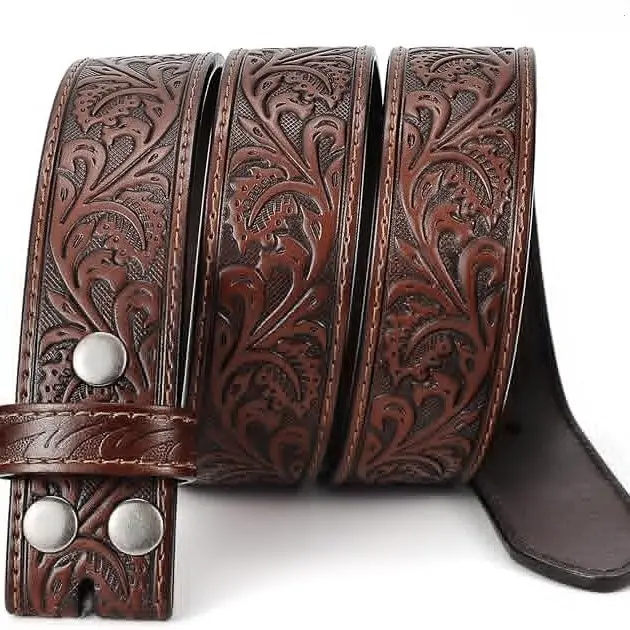 Unisex Heavy-Duty Vintage Floral Embossed PU Leather Belt Strap - Buckle-Free Western Cowboy Replacement Band for Men, Women