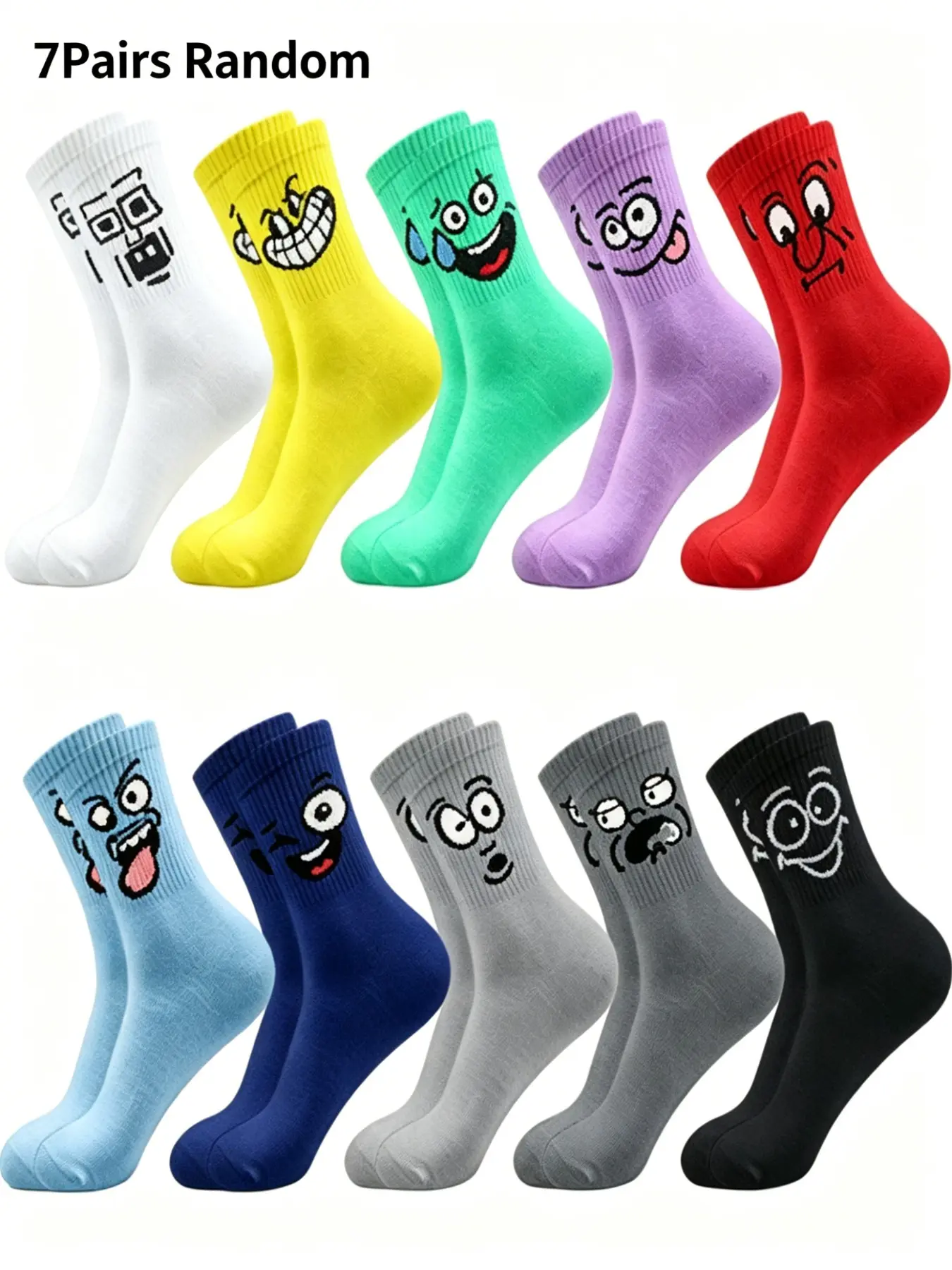 7 Pairs Random Funny Cartoon Expression Jacquard Ribbed Knitting Crew Socks, Vibrant Multi-Color Stackable Mid Calf Novelty Socks, Elastic Breathable Cute Casual Street Socks for Women Teen Daily Campus Outfits