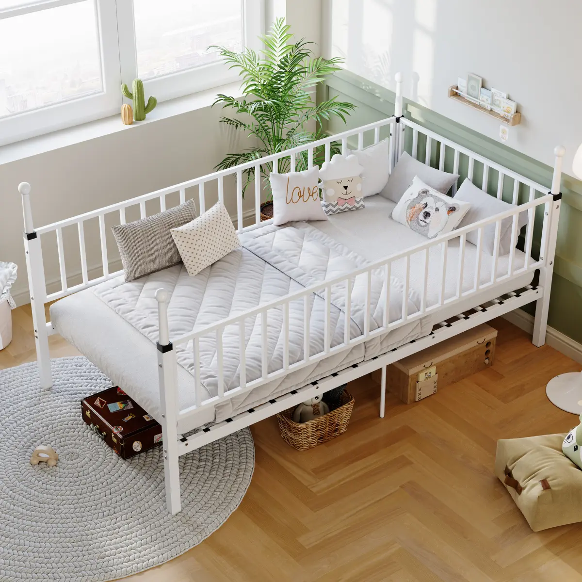 Twin Size Bed Frame for Kids,Metal Low Profile Montessori Bed Twin with Side Rails, Kids Daybed for Boys Girls, No Box Spring Needed, Easy Assemble, White