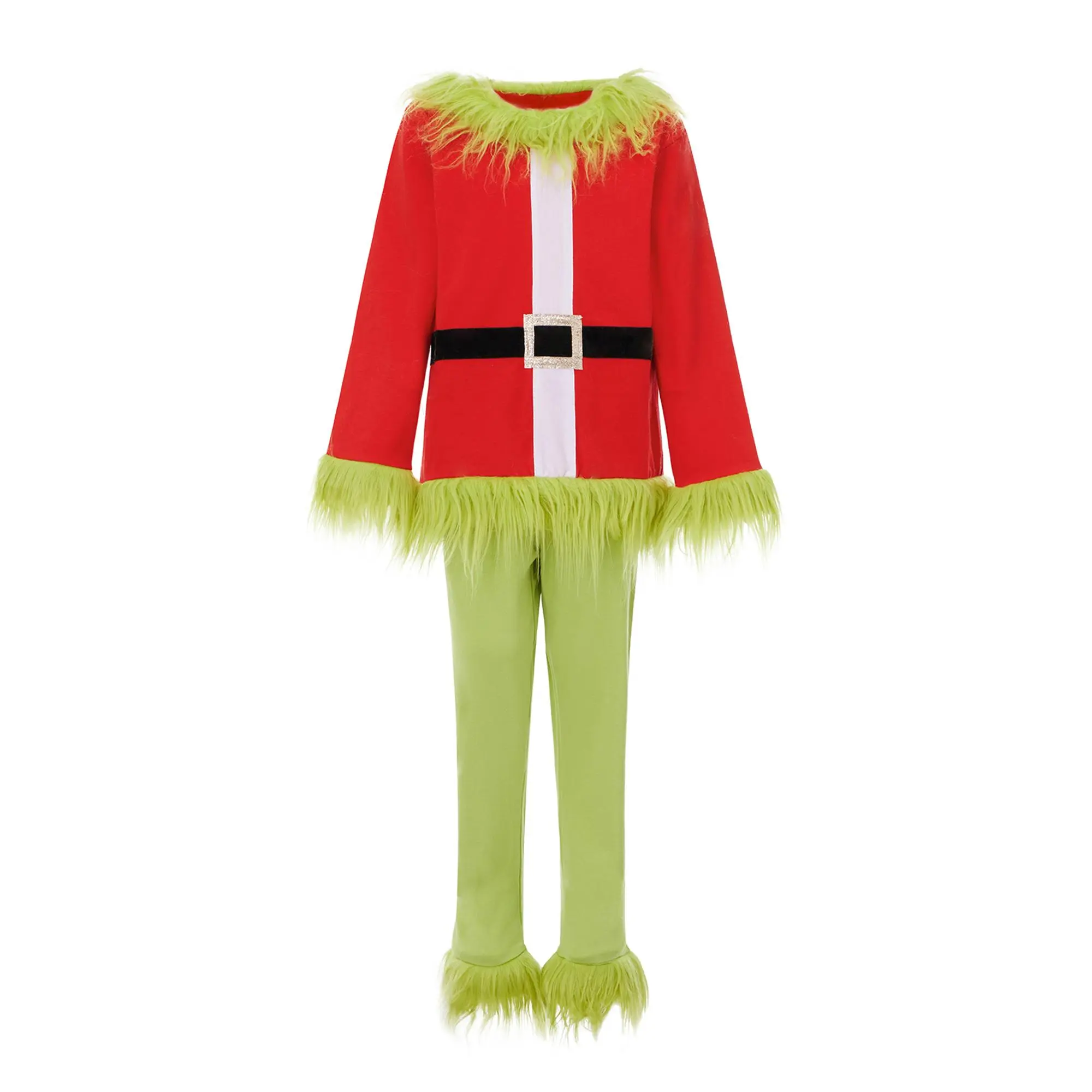 Shingpp Toddler Kids Christmas Monster Cosplay Costume Green Plush Furry Trim Santa Long Sleeve Top And Pants Xmas Outfit Set 0-10Y
