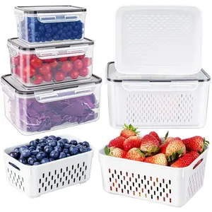 Food Grade PP Produce Saver Containers Set - BPA-Free, Leakproof, Dustproof with Removable Colander, Airtight Lid; Kitchen Household Products, Utensils, Strainer Basket Sieves and Colanders (8/12 Pieces)