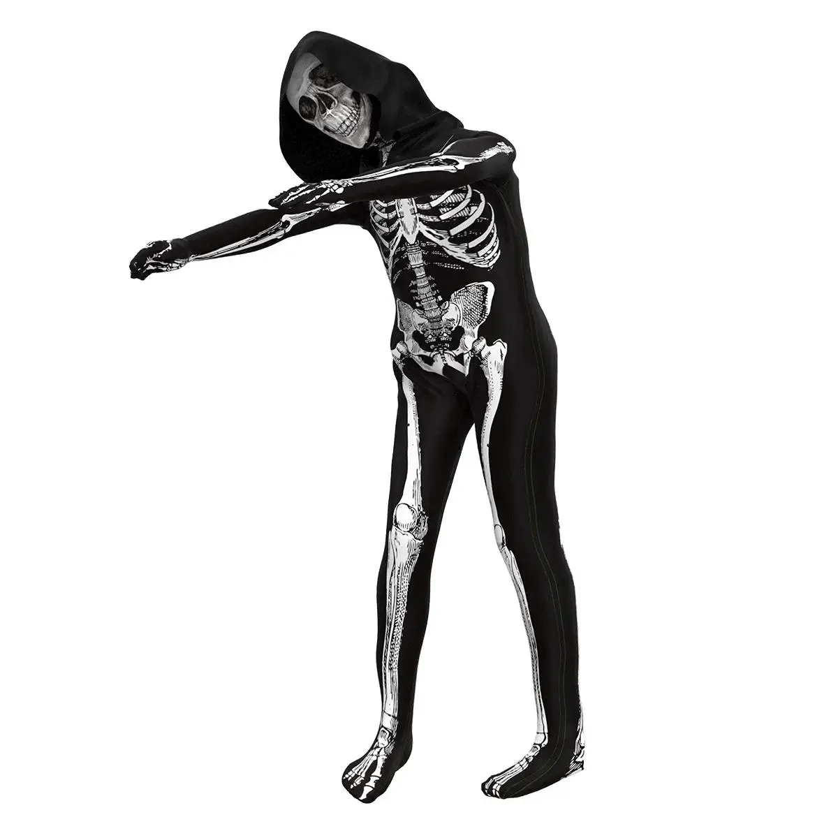 AYJKSEVEN Kids' Boys' Unisex Halloween Jumpsuit Costume - Scary Black and White, Luminous Skeleton Grim Reaper Cosplay Outfit for Adults christmas kid gifts dinosaur Toddler Ghost Costume with Pumpkin Basket Glow-in-the-Dark Onesie with Bag