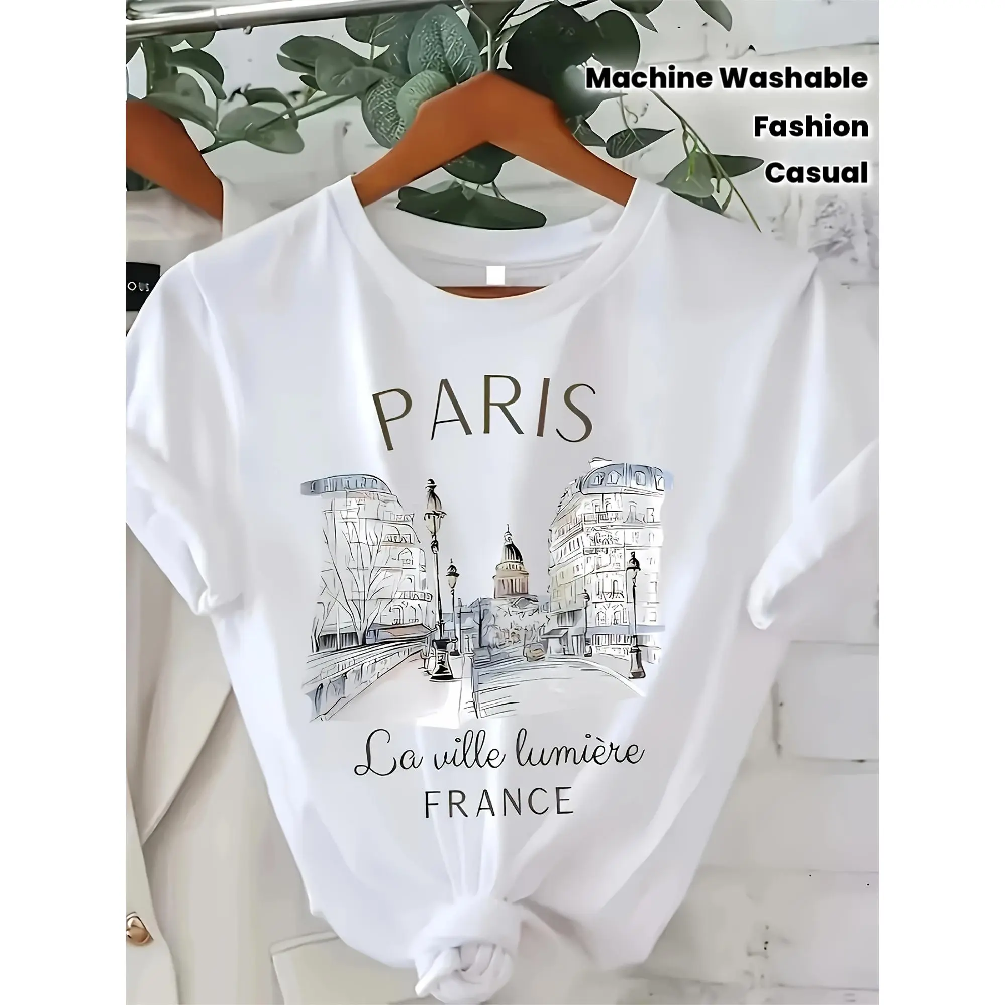 Women's Parisian Style Printed T-Shirt- White Casual Short-sleeve Round-neck Top, Featuring the Eiffel Tower and "French Light" Motifs, Machine Washable for Year-round Comfort, Stylish Travel Shirt, Paris-themed Design