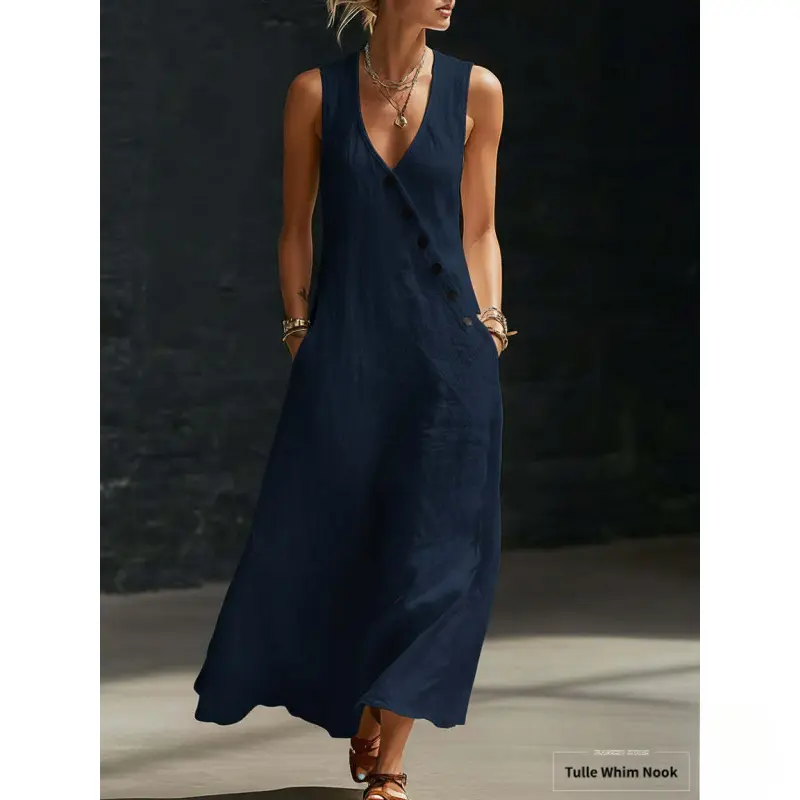 Women's Minimalist Basic Casual Sleeveless Solid Color Buttoned A-Line Tank Dress - New European/American Spring-Summer Normal Type Plus Size Elegant Womenswear, Xxl