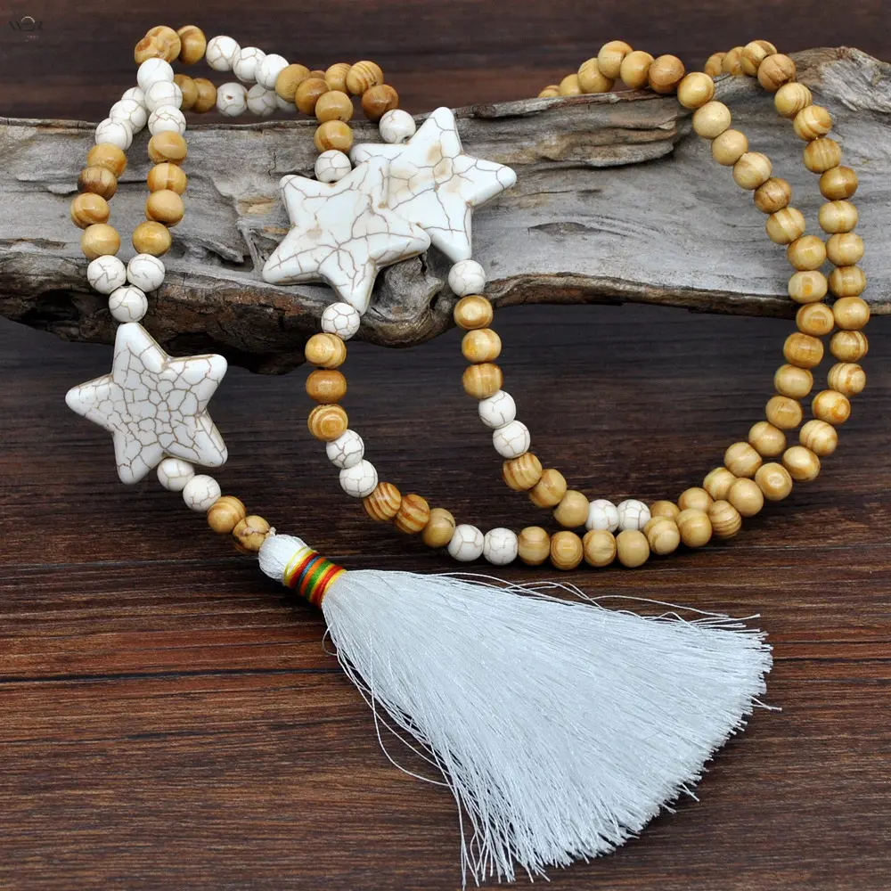 Bohemian Wood Bead and Stone Hanging Ornament, Unisex Star Motif Tassel Charm for Home or Car Rearview Mirror Decor, 92cm, Home/Car, Window, Wall, Decorative, Lightweight, Colorful, Gift, Hangable, Round, Wooden, European/American, Stone/Wood