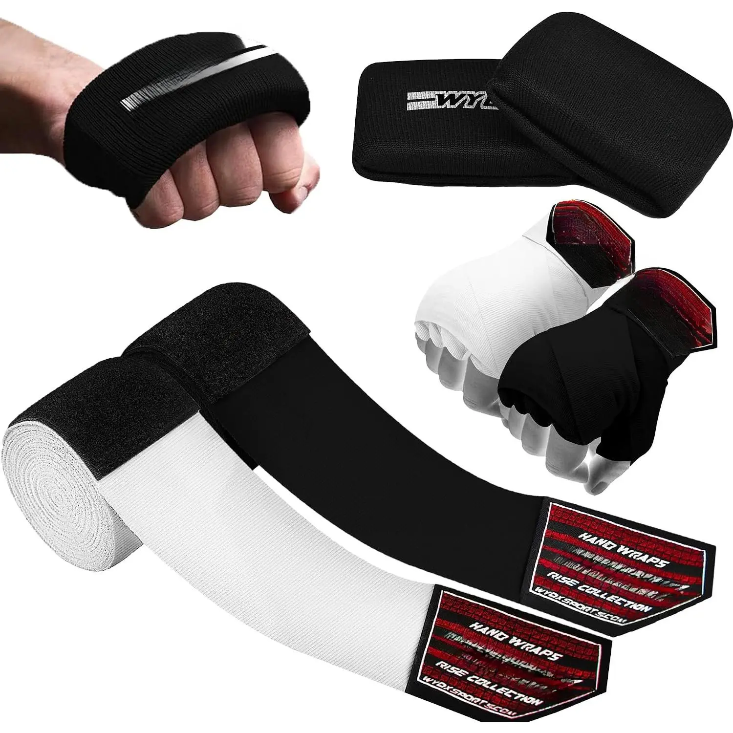 Boxing Hand Wraps & Gel Knuckle Guards Set for MMA, Muay Thai & Kickboxing - 2 Pair Hand Wraps + 1 Pair Knuckle Guards - Hand Wrist Protection for Men & Women