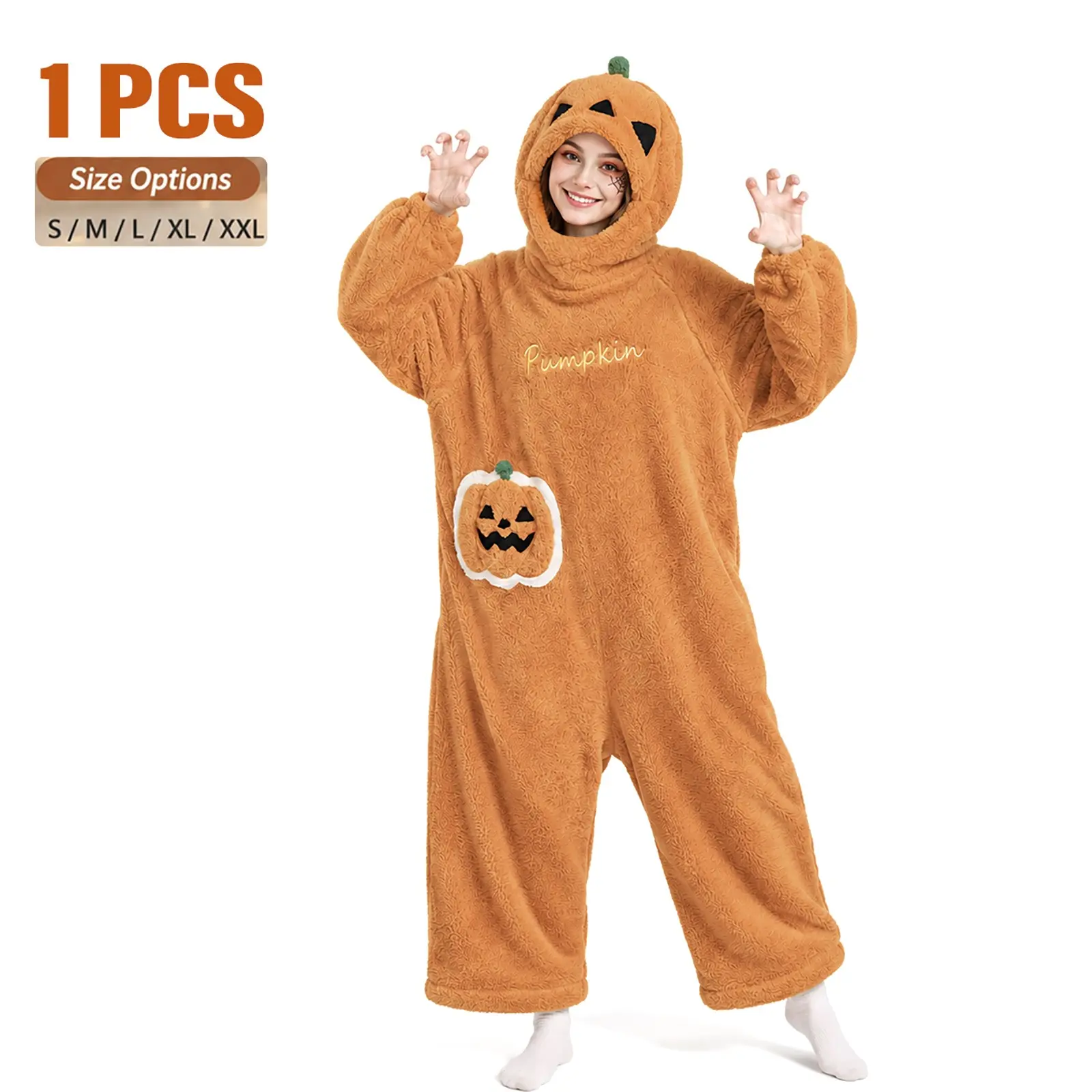 Cute Pumpkin Onesie Halloween Costume with Hood, Ultra Soft Plush Lounge Long Sleeve Pajamas for Adults, Cozy Spooky Season Sleepwear Jumpsuit Loungewear