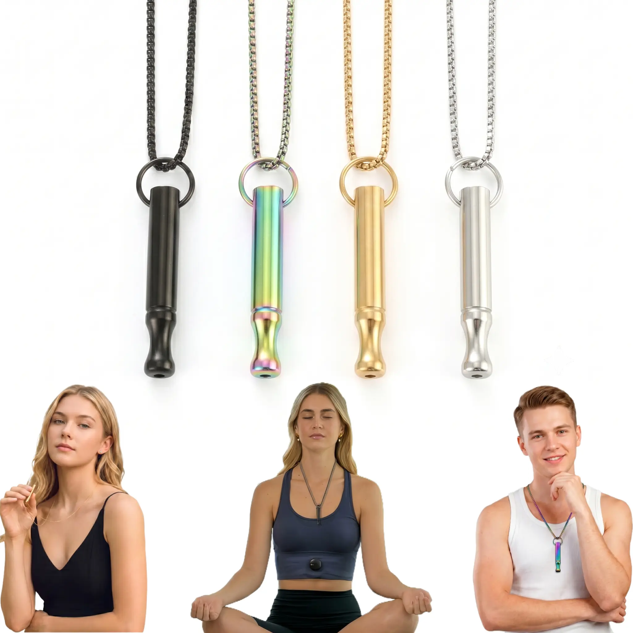 4Pcs Mindfulness Breathing Necklace Set - Stainless Steel Quit Smoking & Vaping Aid Pendant, Vaporless Fidget Pendant for Stress & Anxiety Relief for Adults