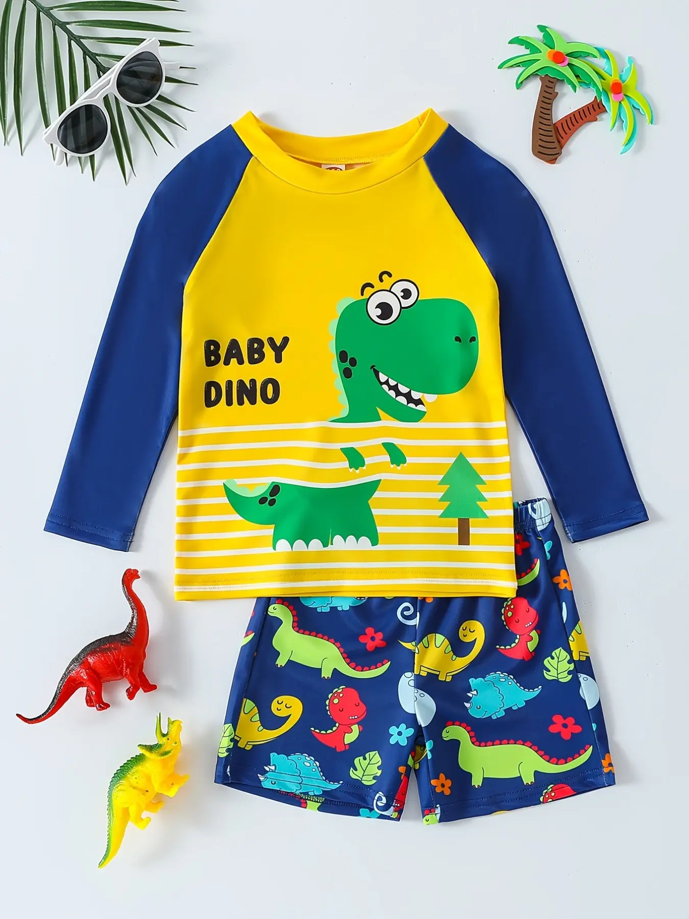 Toddler Boys' Cute Dinosaur Swim Set, Quick Dry Rash Guard with Dino Print Shorts, UPF 50+ for LA Summer Vacations, swimsuits with shorts, Rash Guard Sets