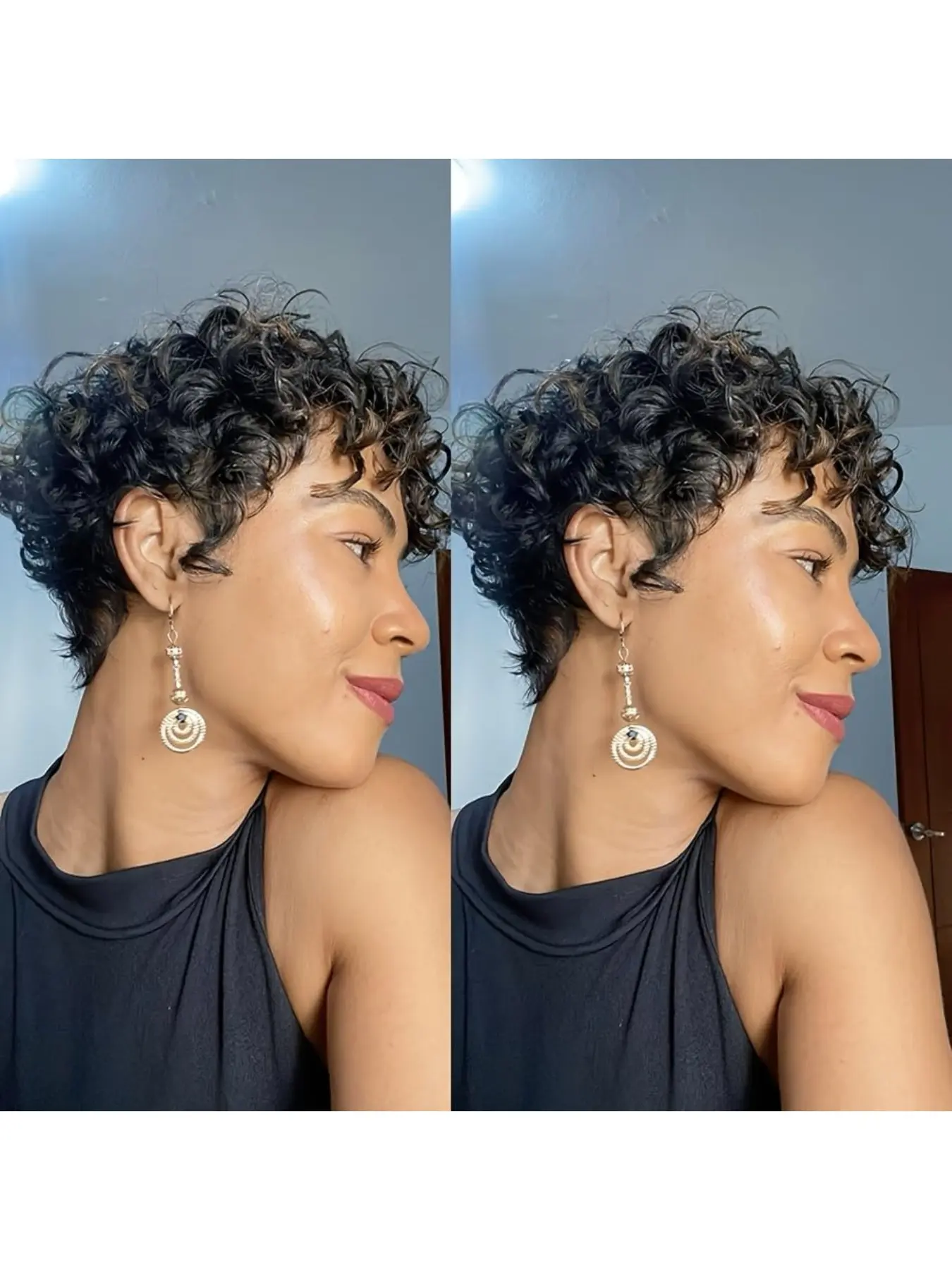 6 Inch Short Ringlet Curly 100% Human Hair Wig Natural 1B Black Pixie Cut Wigs With Fringe Bangs 90g Lightweight Glueless Full Wig For Black Women, Soft Real Human Hair Fluffy Short Curl Wig Daily Dating Party Fashion