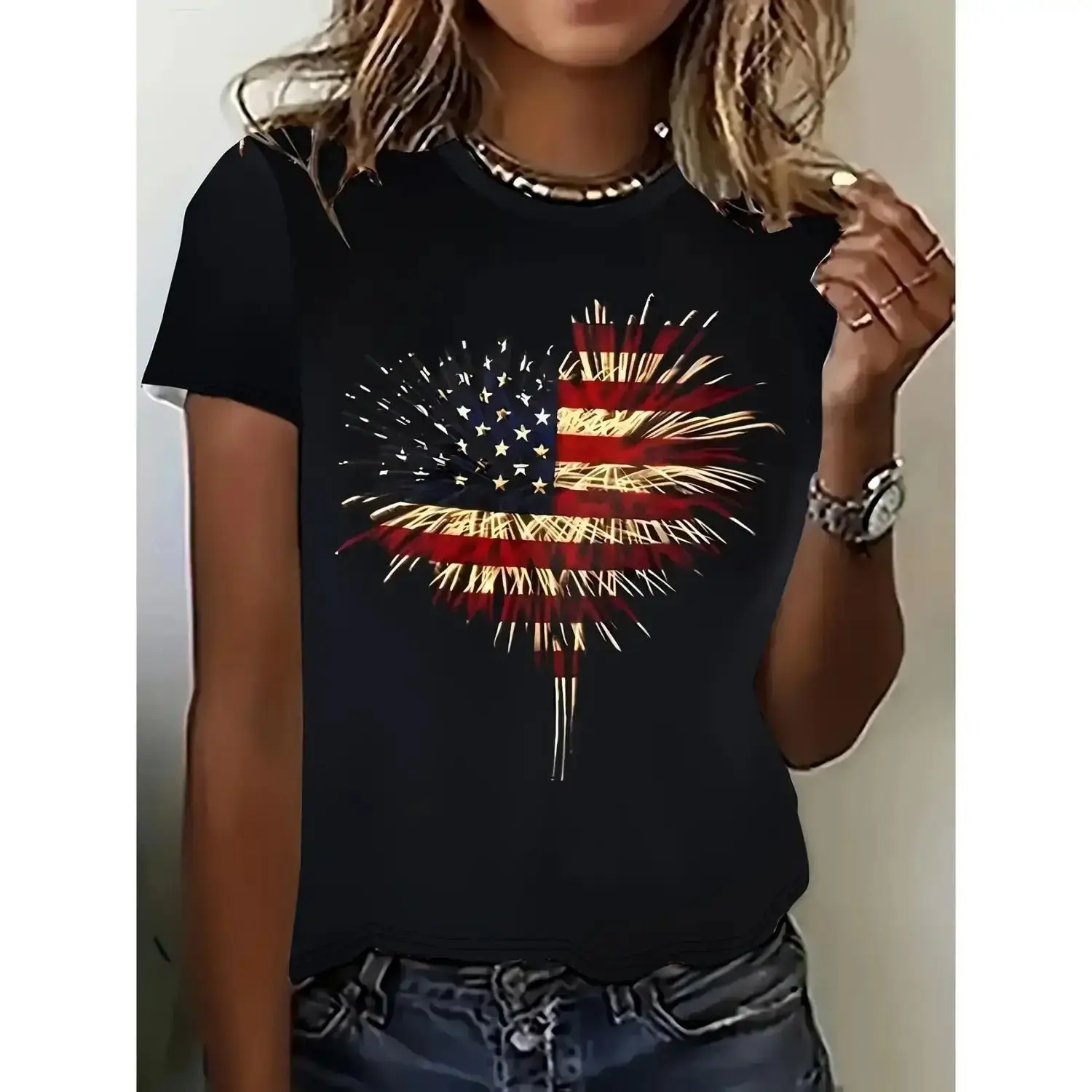 Women's Patriotic American Flag Print Tshirt - Casual Round Neck Short Sleeve Top, Machine Washable Dark Color, Vibrant Stars & Stripes, Easycare Material, All-Season Comfort for 4th of July, Memorial Day, Shortsleeve, Streetwear, Loose, Textured Print, A