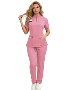 Stand Collar Zipper Scrub Set For Women Doctor Nurse Uniform Two Pieces Workwear Suit For Medical Clinical Working