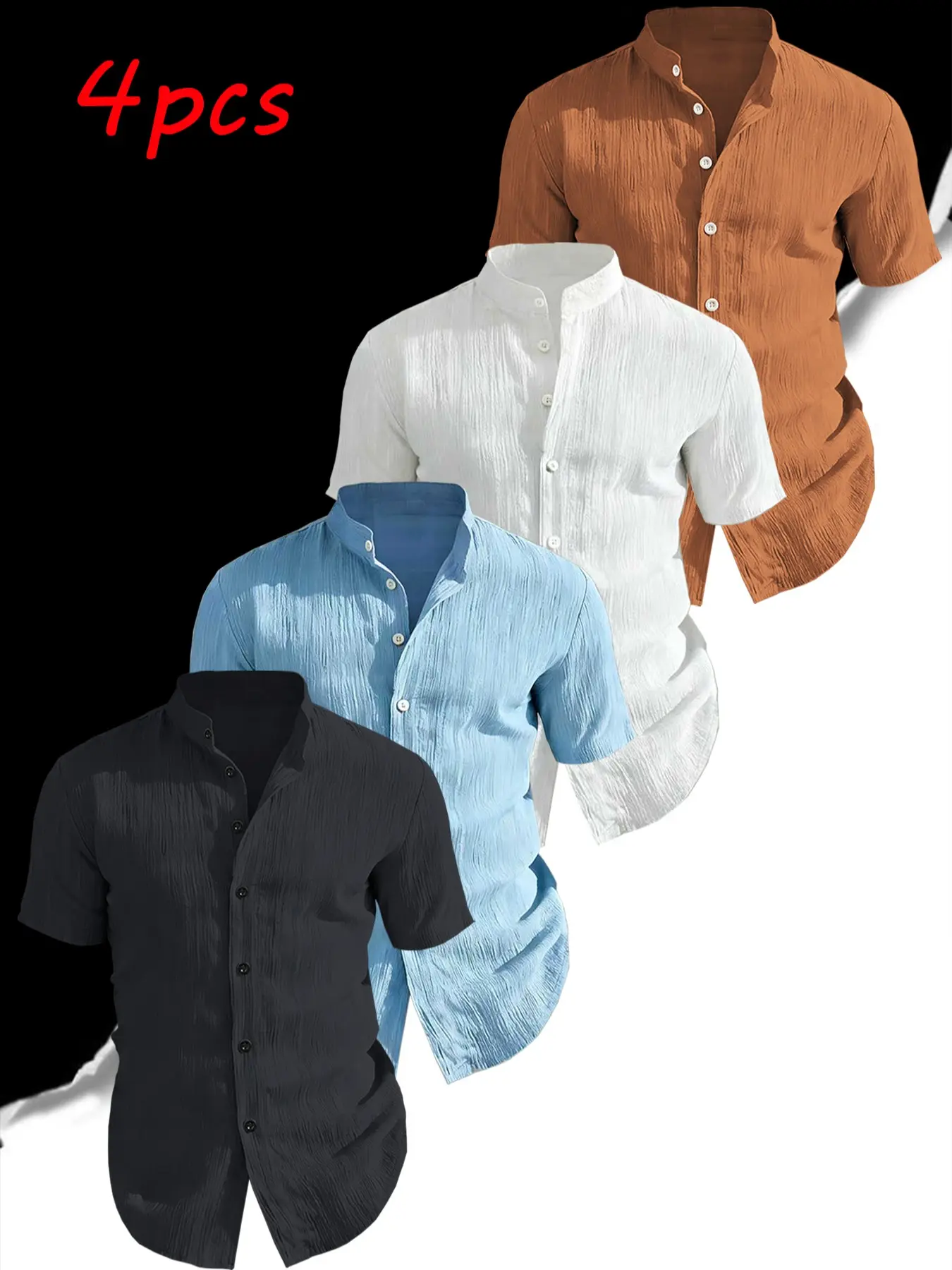 4-Pack Men's Summer Short Sleeve Casual Shirts, Solid Color, Lightweight Breathable, Stand Collar Button Shirt, Ideal for Beach Poolwear