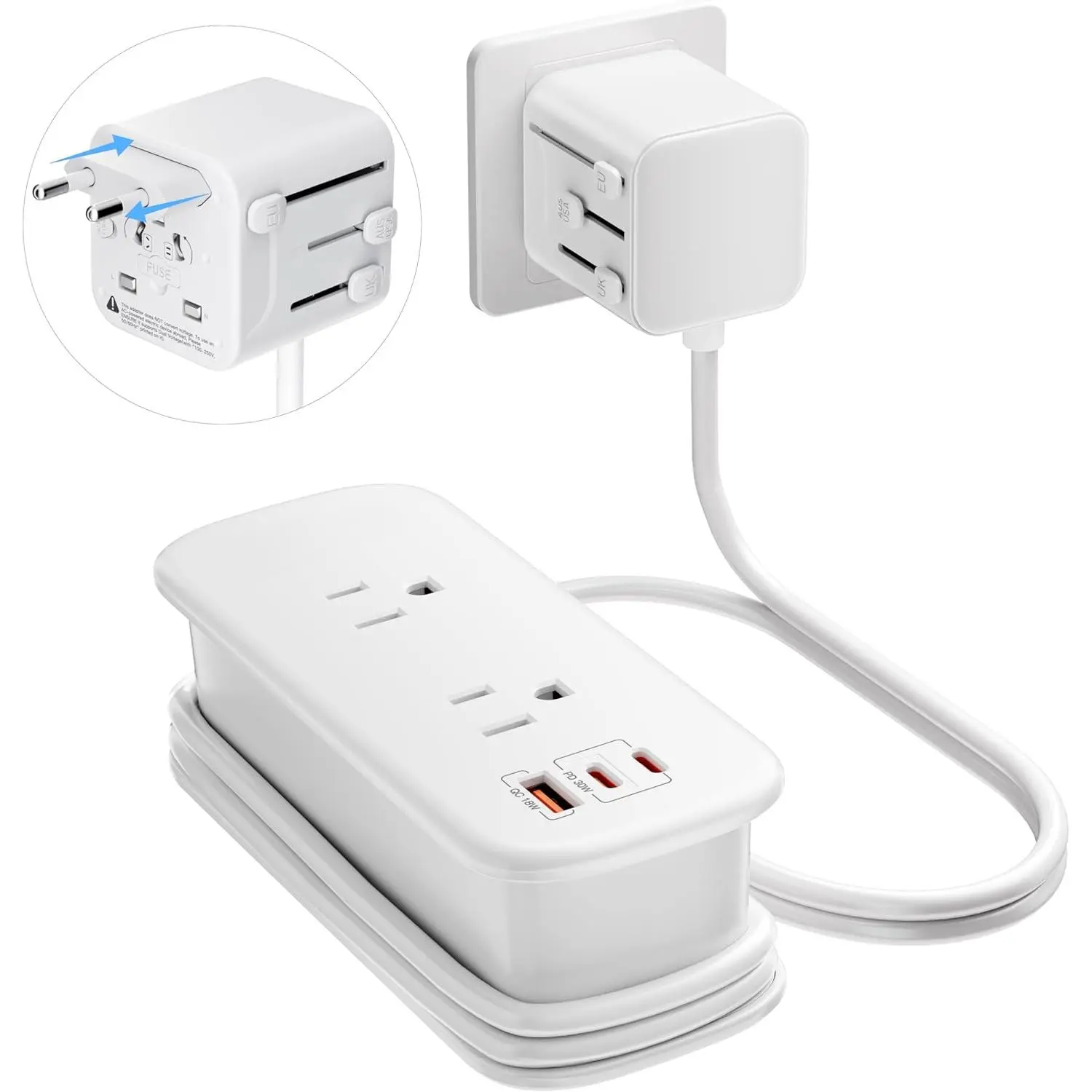 Universal Travel Adapter, 30W European Travel Plug Adapter with 2 USB-C PD & 1 USB-A Ports, International Power Adapter Fast Charging with 70in Power Cord for USA EU UK AUS